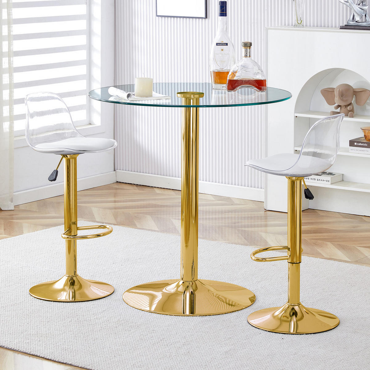 TISCHGRUPPE 3-tlg 2 Hockern Gold 89 cm - Transparent/Goldfarben, Glas/Metall (93/6/93cm) - Raelunyi