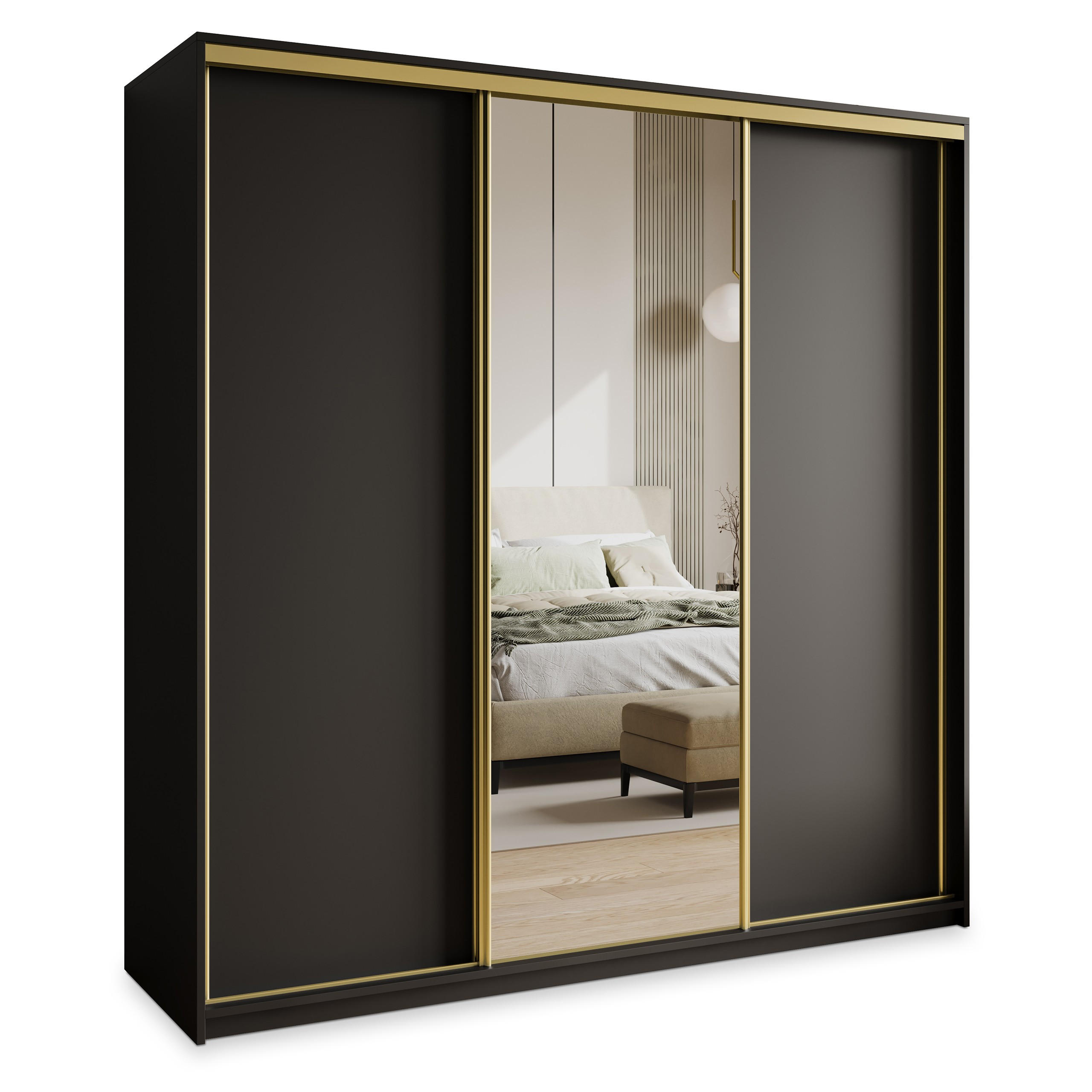SCHWEBETÜRENSCHRANK TAVI 180/205/60 cm 3-türig mit Spiegel und Schubladen Schwarz - Goldfarben/Schwarz, Holzwerkstoff (180/205/60cm) - MASSENO