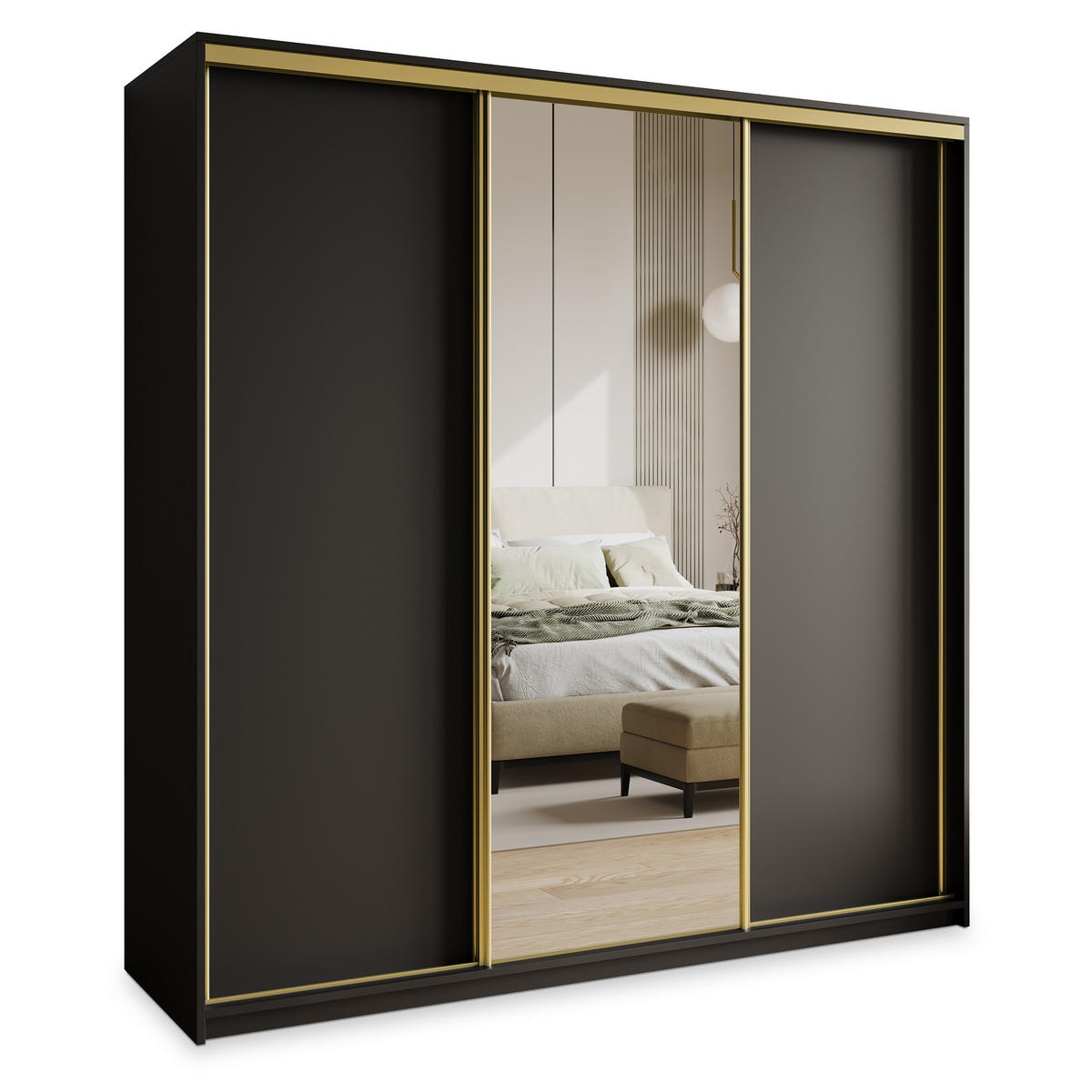 SCHWEBETÜRENSCHRANK TAVI 180/205/60 cm 3-türig mit Spiegel und Schubladen Schwarz - Goldfarben/Schwarz, Holzwerkstoff (180/205/60cm) - MASSENO