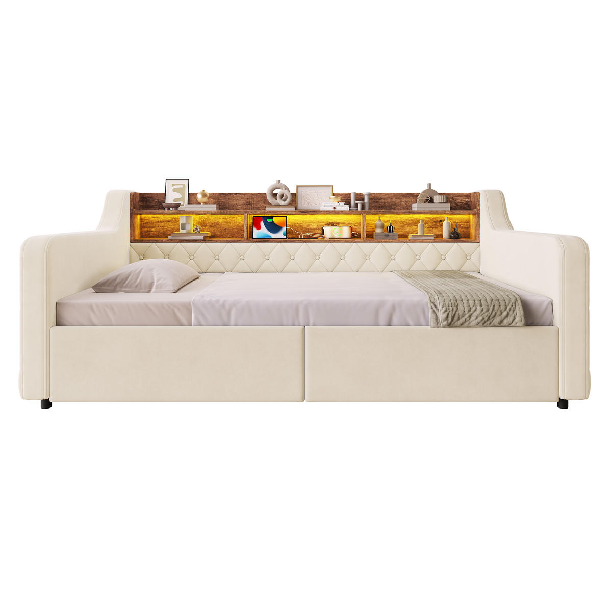 TAGESBETT 90/190 mit Schubladen & Regal, USB-C Ladeanschlüsse/LED, Samt, Beige - Beige, Holz (90/190cm) - LVHOM
