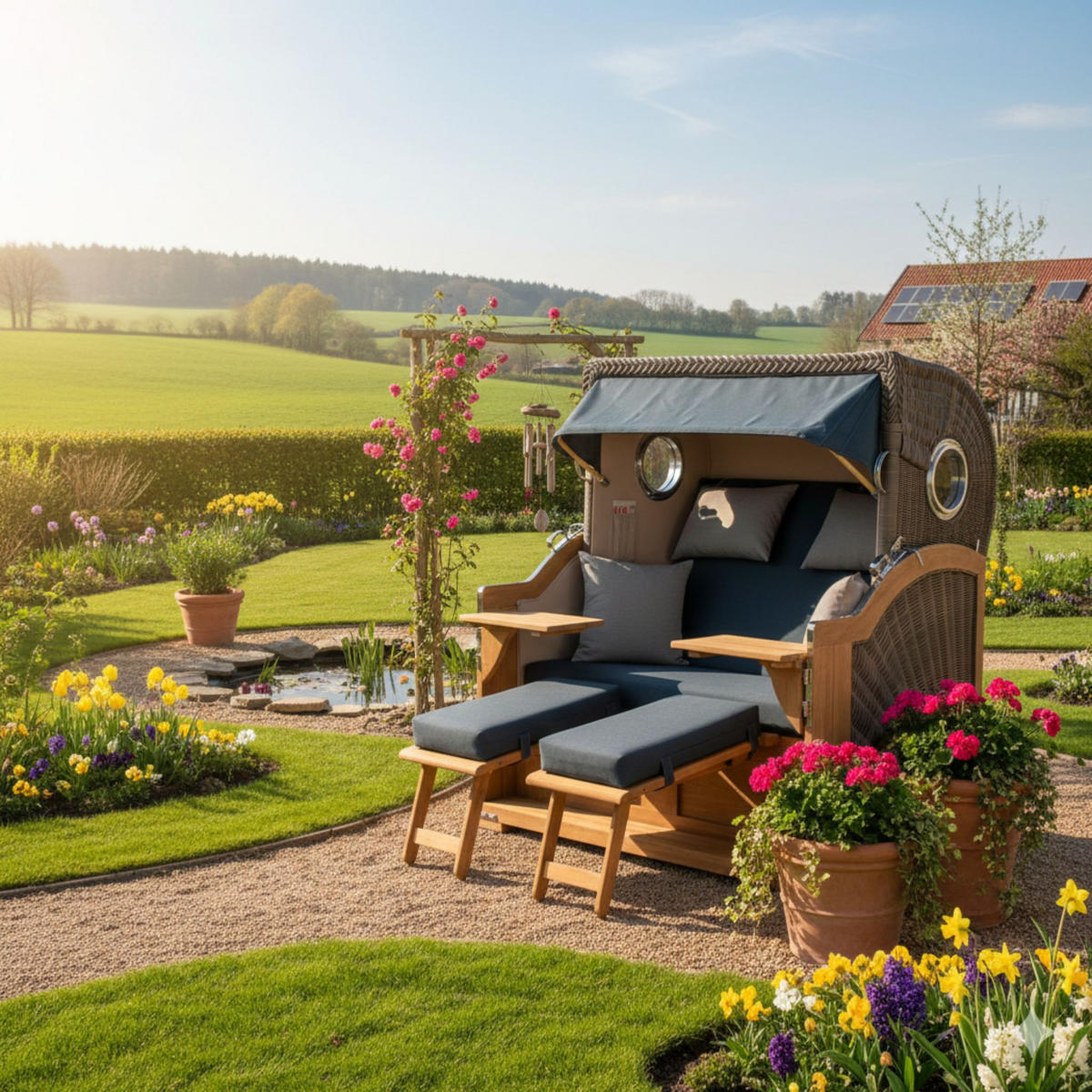 STRANDKORB Baltikum Teak 2,5 Sitzer - Blau/Braun, Holz/Metall (142/170/95cm) - Mr. Deko