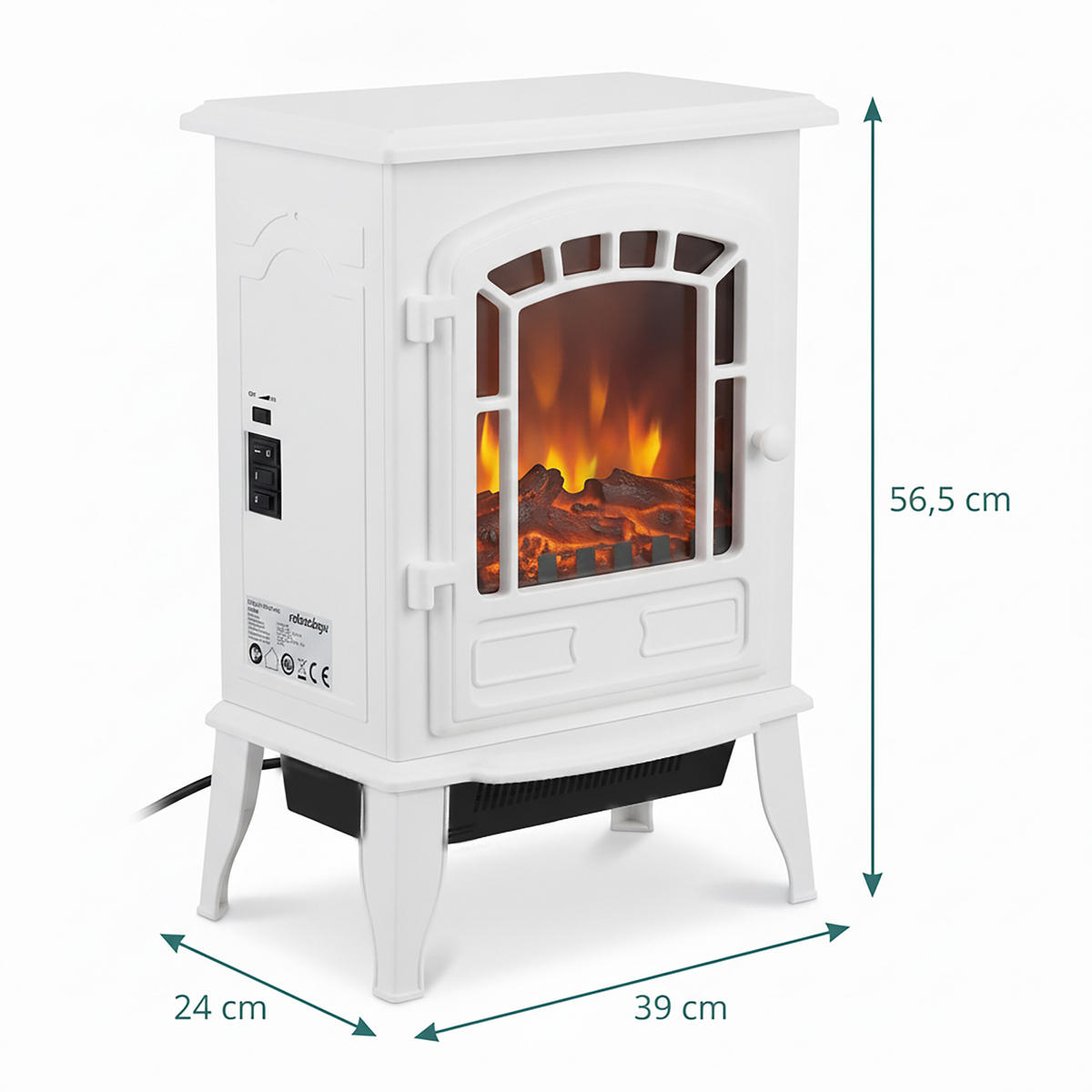 KAMIN Vit elektrisk med värmefläkt 2000 W - Vit, Glas/Plast (39/56.5/24cm) - Relaxdays