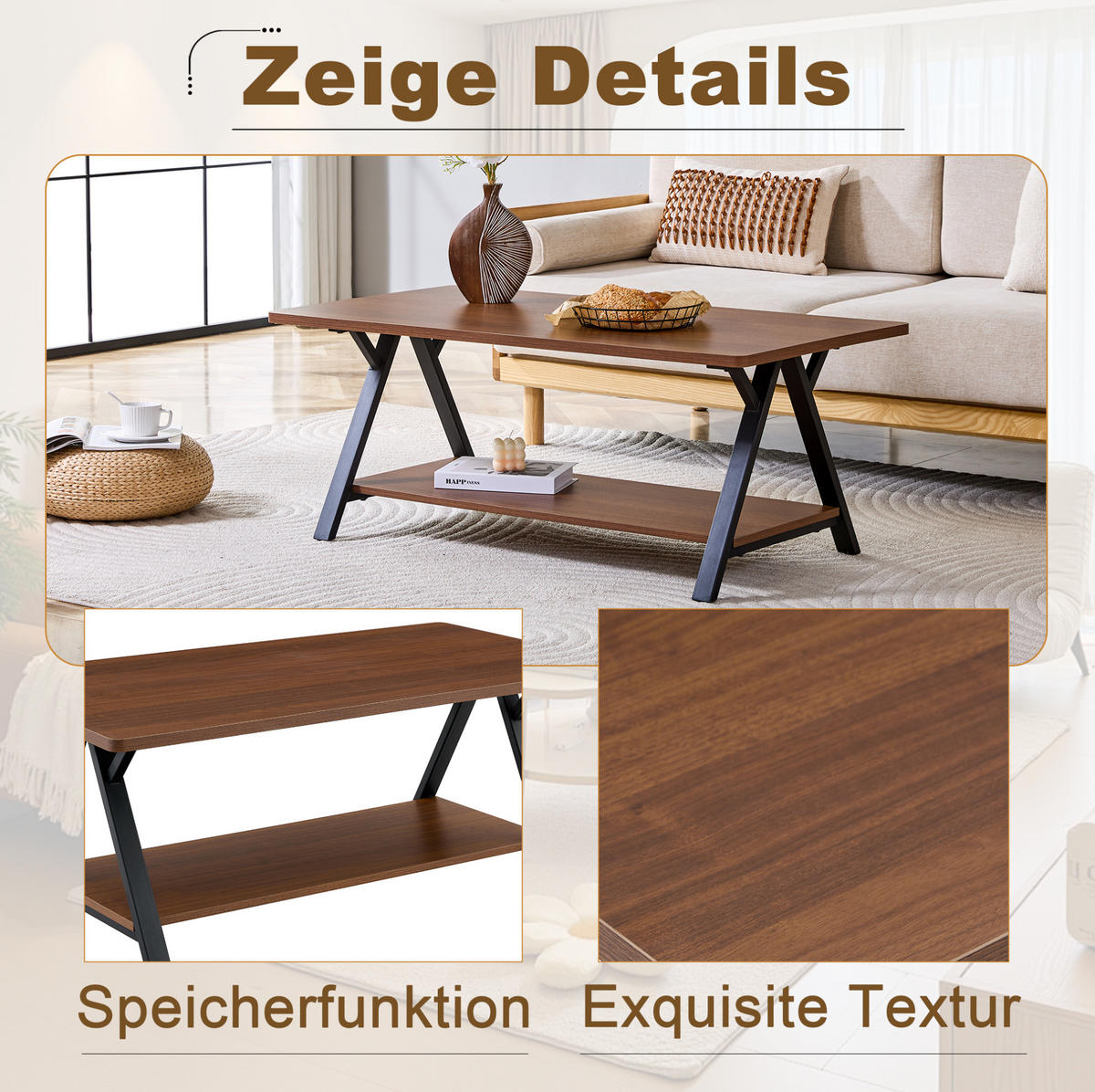 COUCHTISCH 110/57/44.5 cm in Walnuss aus MDF mit Stauraumregal - Walnussfarben, Holzwerkstoff (110/57/44.5cm) - OKMYHOME