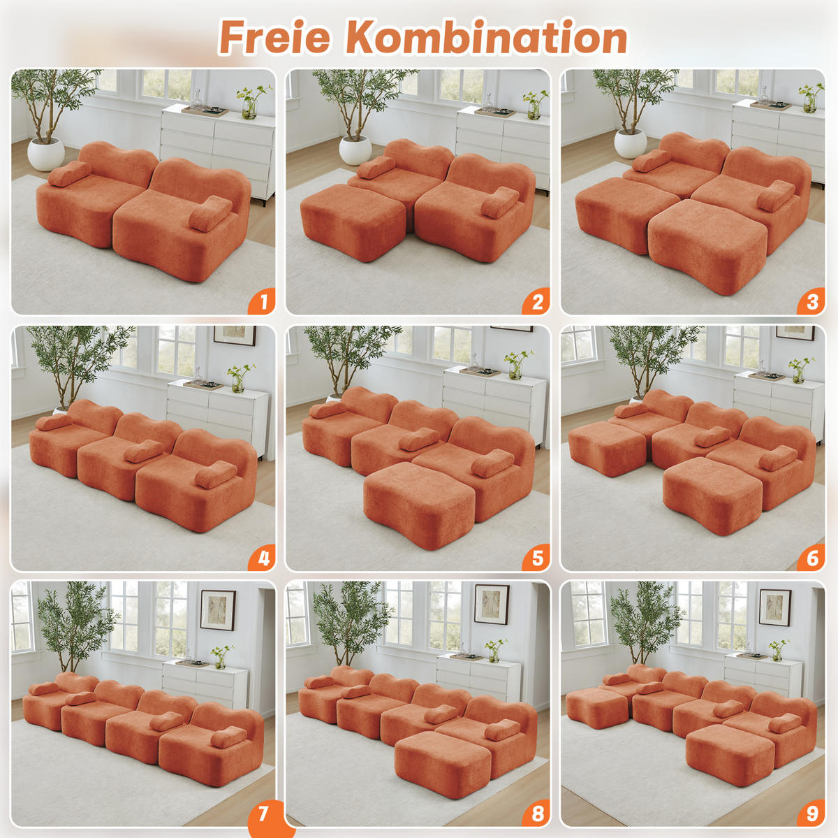 SOFA in Orange aus Samt mit Wellenform und tiefem Sitzkomfort - Orange, Textil (98/70/384cm) - Flora Grace