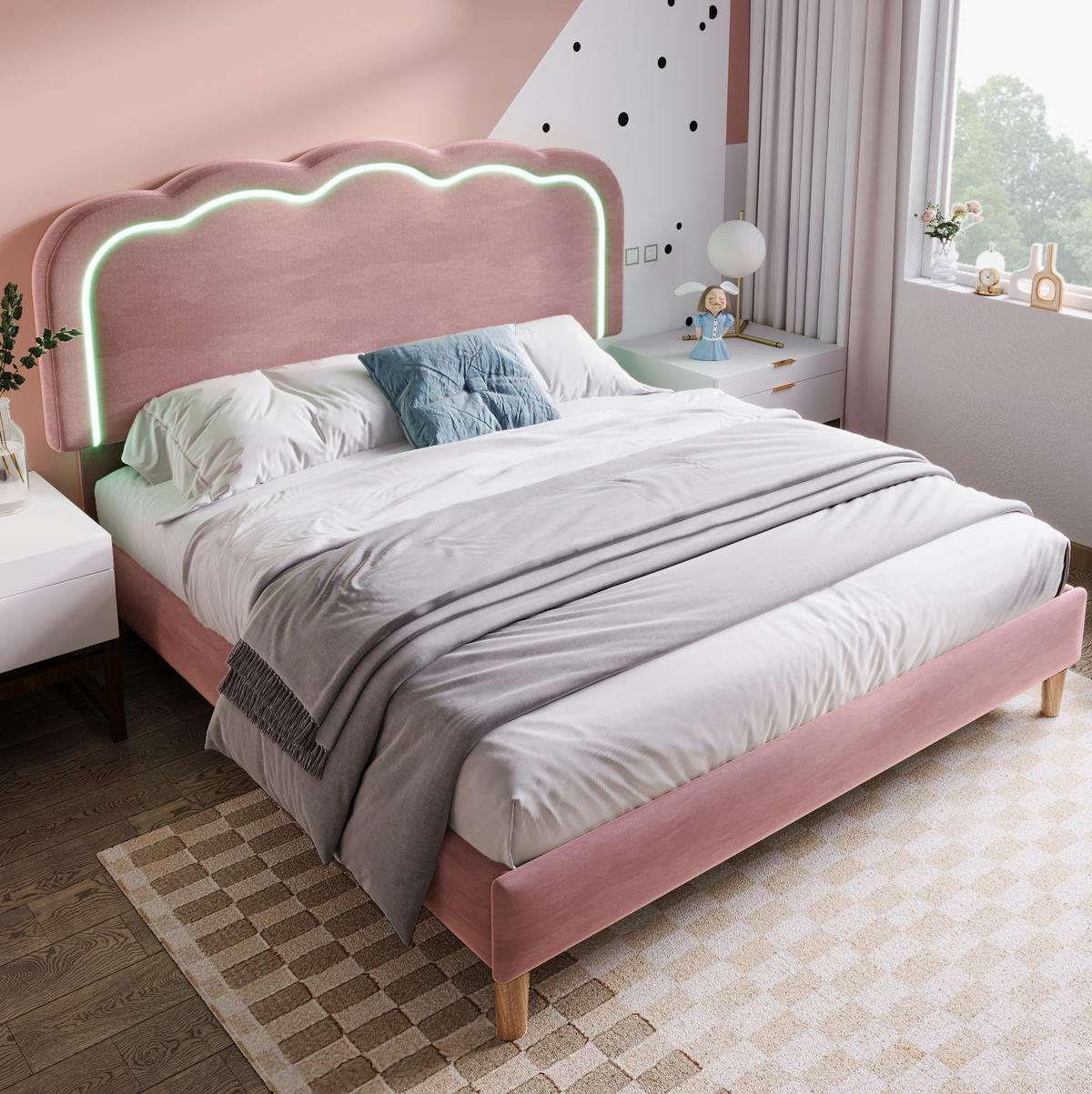POLSTERBETT 140/200 cm aus Samt mit LED-Beleuchtung und verstellbarem Kopfteil Rosa - Pink, Textil (140/200cm) - Modenvie