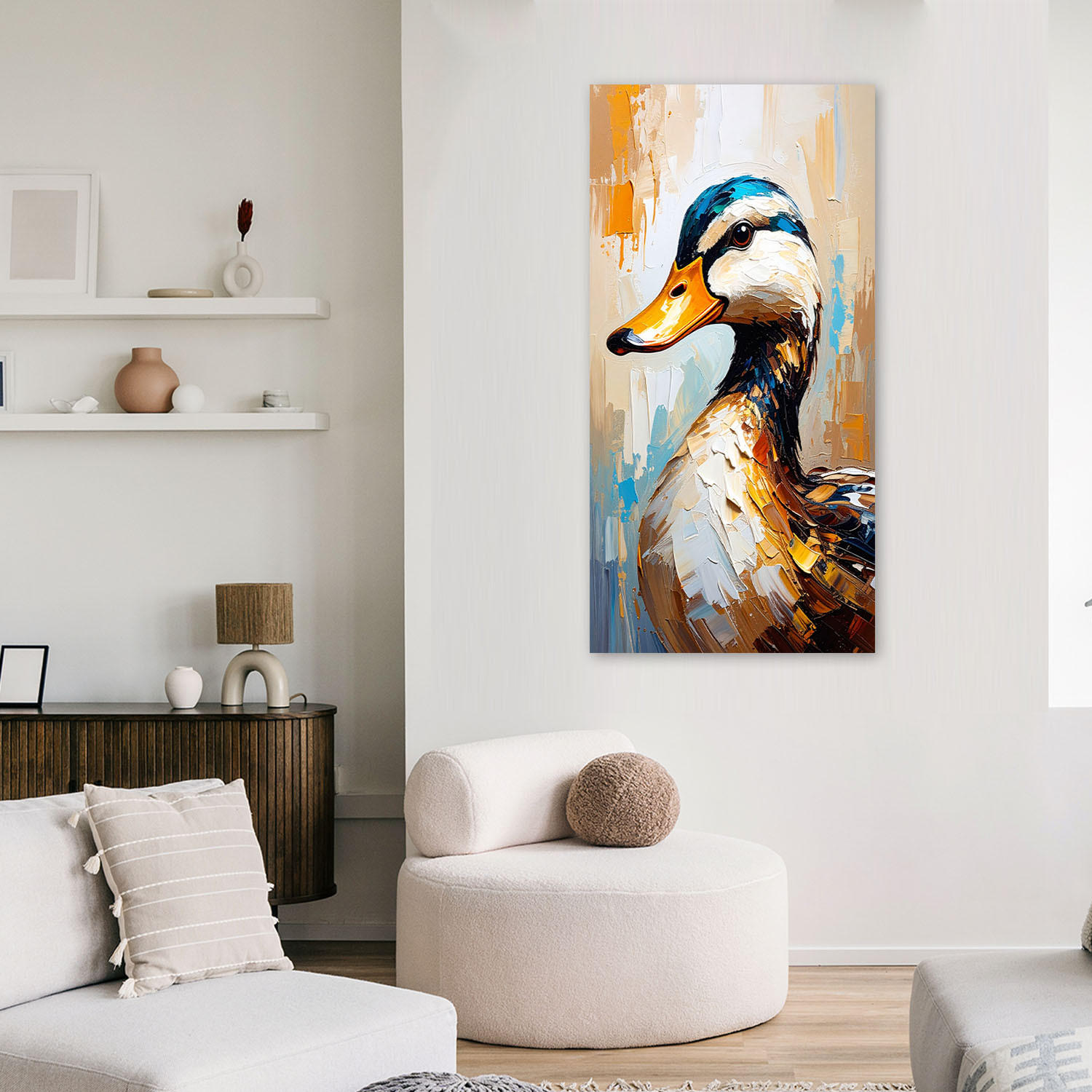 LEINWANDBILD Bunte Enten Ölgemälde-Effekt 40x80cm - Beige, Textil (40/80cm) - Feeby