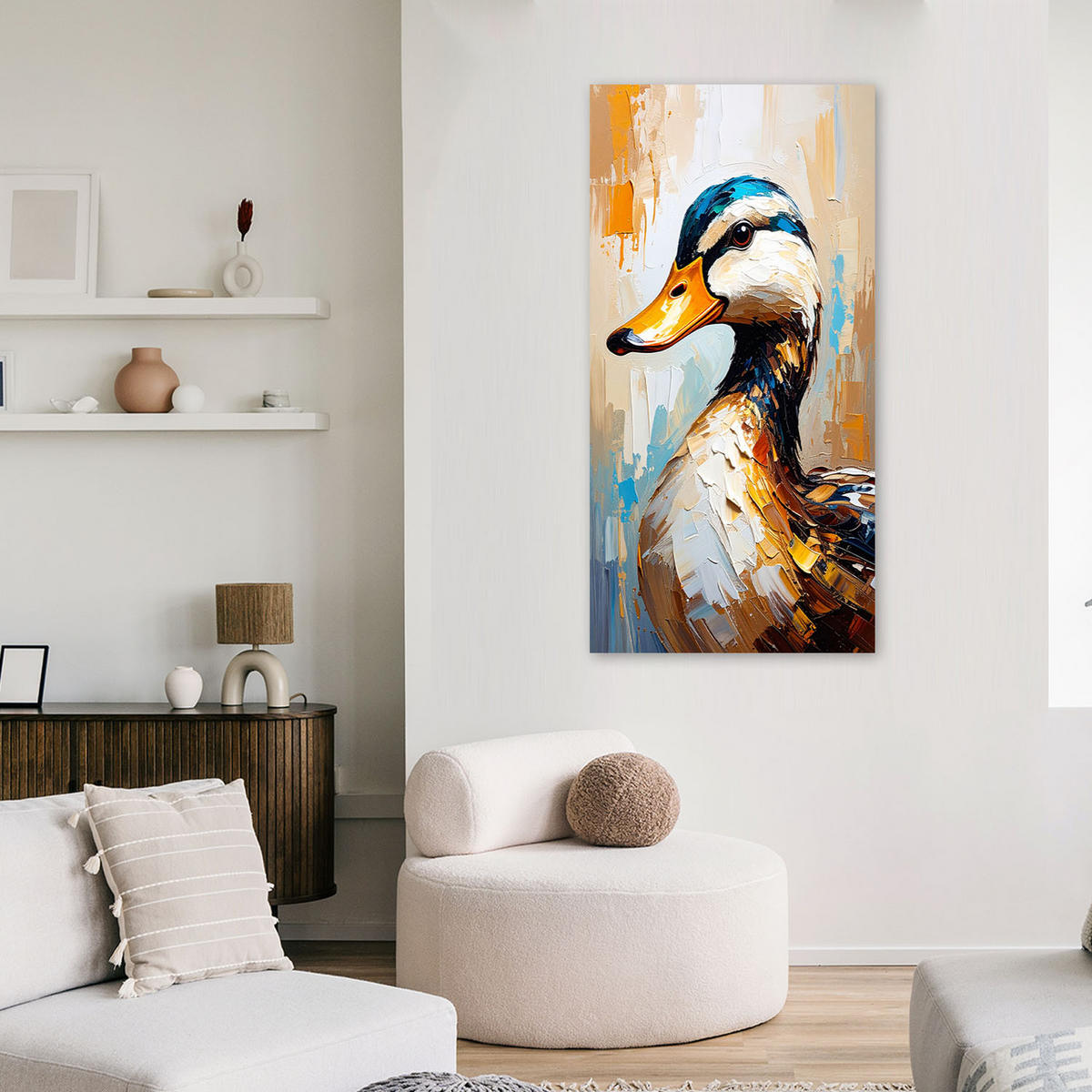 LEINWANDBILD Bunte Enten Ölgemälde-Effekt 40x80cm - Beige, Textil (40/80cm) - Feeby
