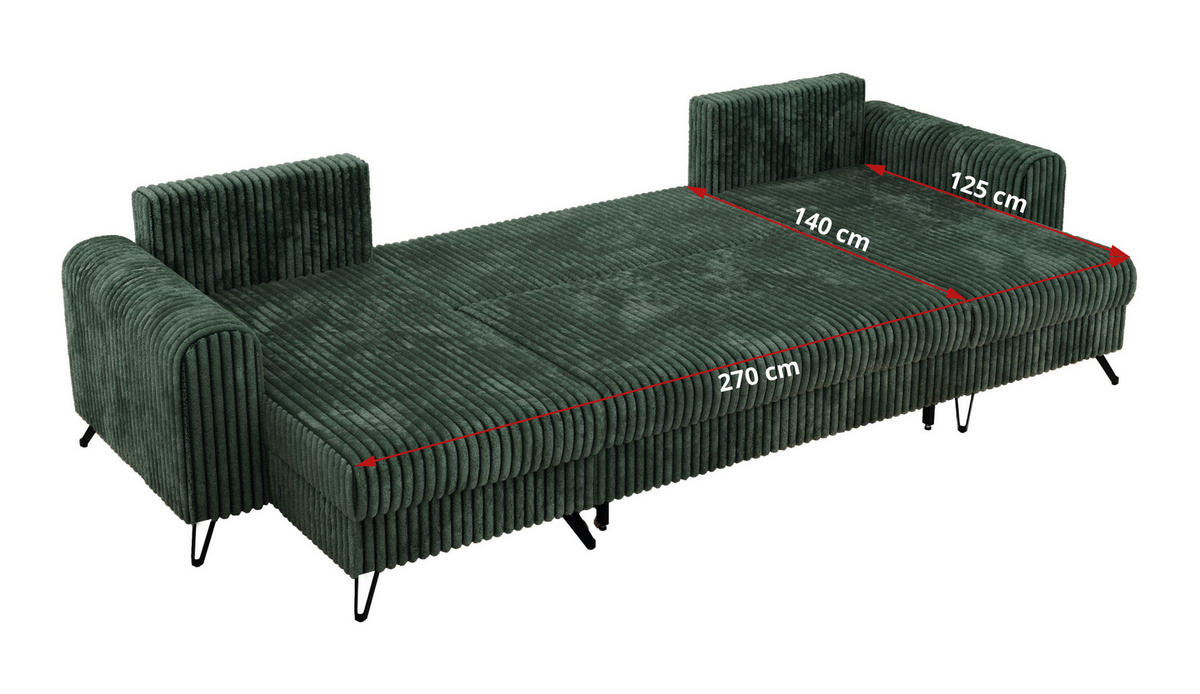 WOHNLANDSCHAFT AXEL U Cord Grün - Schwarz/Grün, Textil/Metall (312/90/140cm) - MKS