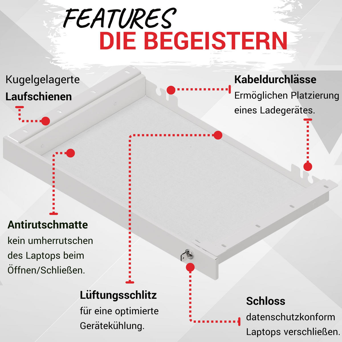 SCHUBLADE Laptop DeskDrawerPro 35,5/60/5,5 cm in Weiß - Weiß, Metall (35.5/60/5.5cm) - bümö