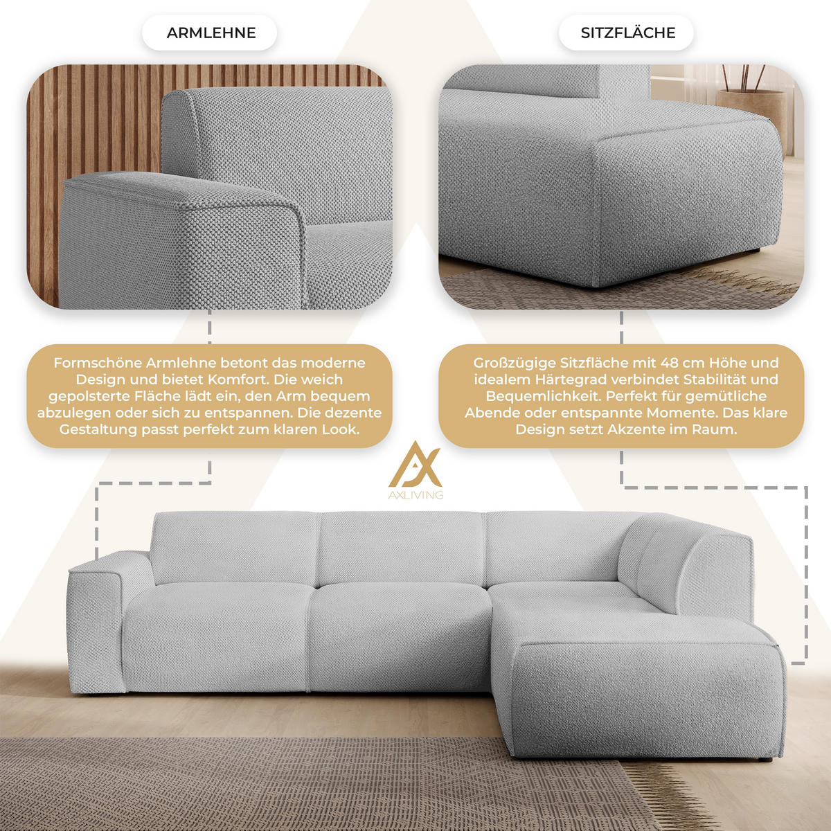 ECKSOFA L Form Didim Greige 292/220/78 cm – großes Sofa stilvoll & bequem R - Greige/Schwarz, Kunststoff/Textil (292/220cm) - AX Living