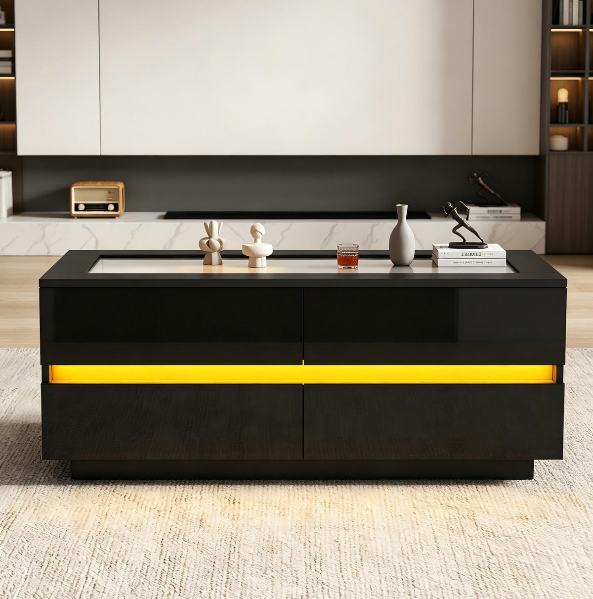 COUCHTISCH 100/50/40 cm schwarz aus Spanplatte mit 4 Schubladen und LED - Schwarz, Holzwerkstoff (50/100/40cm) - OKWISH