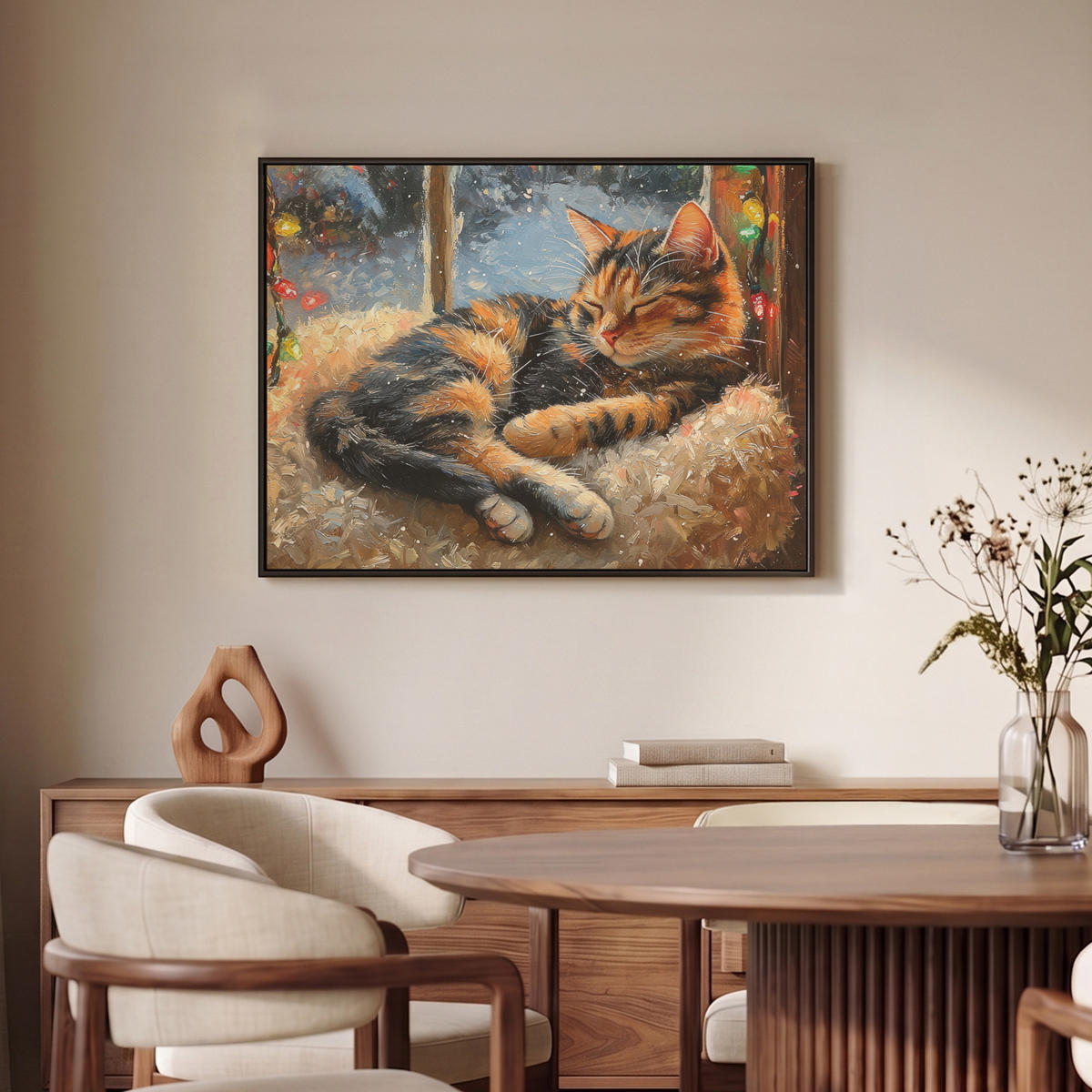 LEINWAND Bilder mit Rahmen - Katze - Weihnachten - Winter - Tier - 80x60 - Bernsteinfarben, Textil (80/60cm) - MuchoWow
