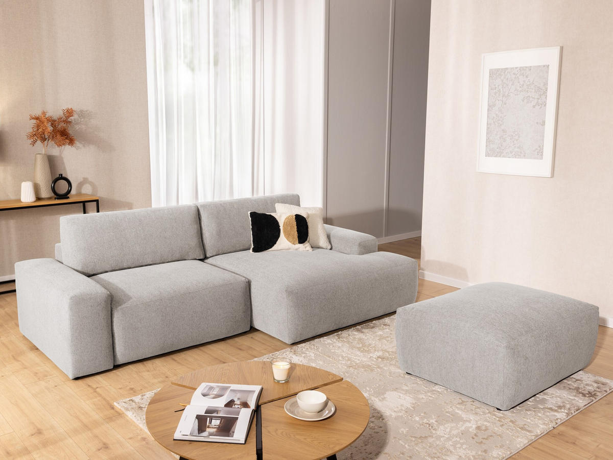 ECKSOFA inkl. Hocker Lennon aus Beige Strukturstoff mit Schlaffunktion und Bettkasten - Beige/Schwarz, Holz/Kunststoff (264/137cm) - S-Style