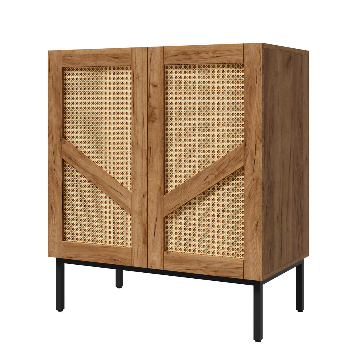 SIDEBOARD Holzoptik mit PE-Rattan 2 Türen 2 Verstellbare Böden Metallbeine - Naturfarben, Holzwerkstoff (70/80/38.5cm) - Urban Meuble