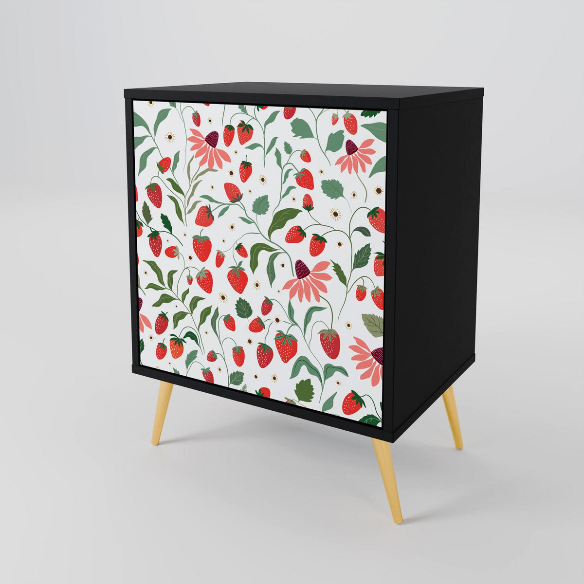 SIDEBOARD FLOWERS AND STRAWBERRIES, Schwarz, 57,5x42x70,5 cm, Schwarze Metall-Sternfüße - Multicolor/Schwarz, Holzwerkstoff/Metall (57.5/70.5/42cm) - SpaceRebels