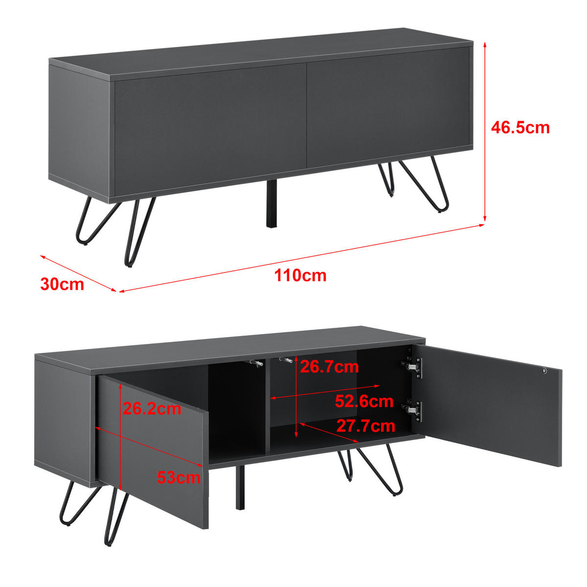 LOWBOARD Bollebygd - Dunkelgrau/Schwarz, Holzwerkstoff/Metall (110/46.5/30cm) - [en.casa]