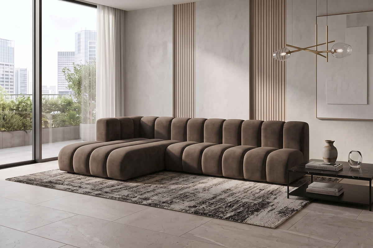 ECKSOFA Modulares In L-Form, Velvet-Stoff Riviera, Braun, Links, GRAND 295 cm - Braun, Holz (295/179cm) - Kaiser Möbel