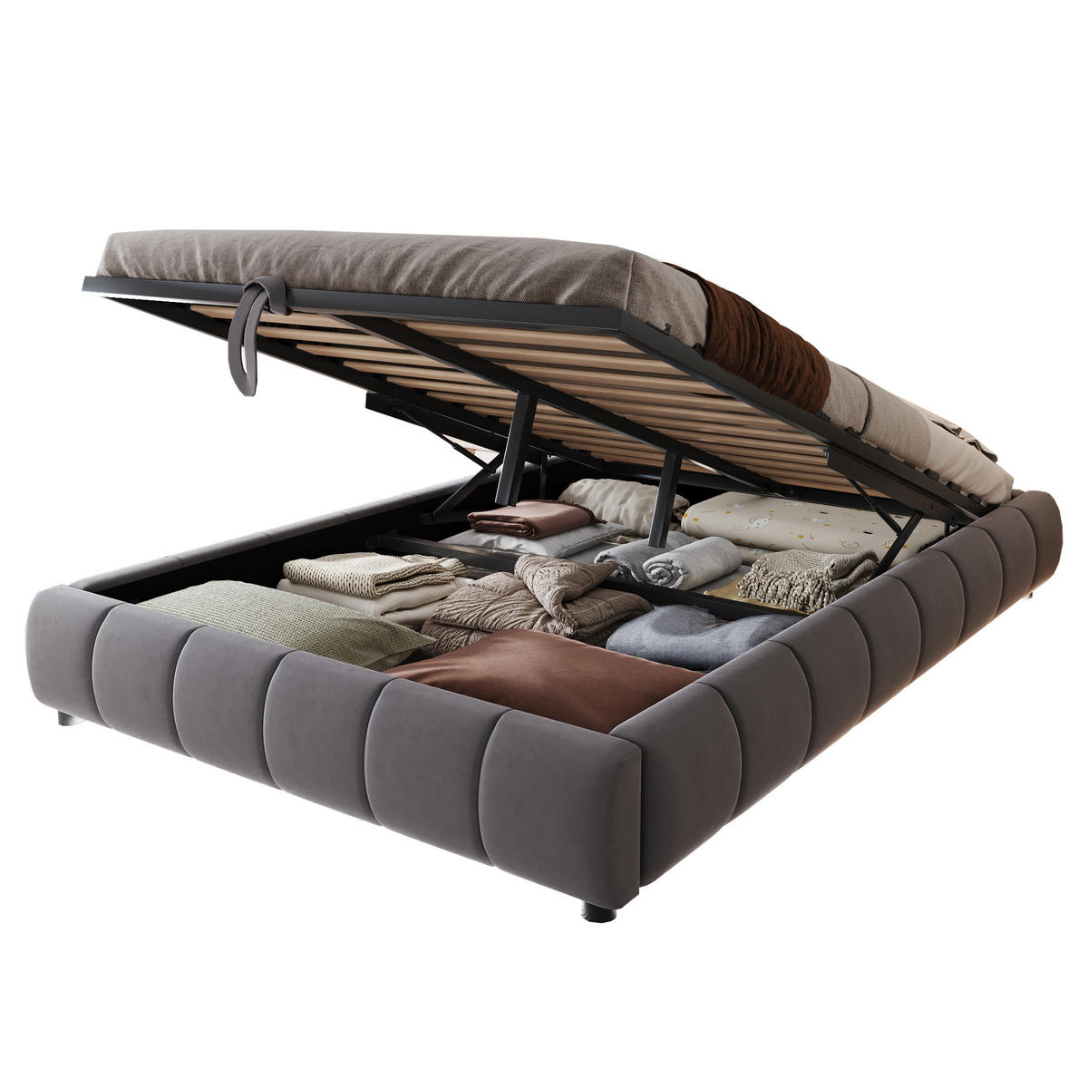 POLSTERBETT 140/200 cm grau mit LED-Beleuchtung und hydraulischem Stauraum - Grau, Textil (140/200cm) - OKWISH