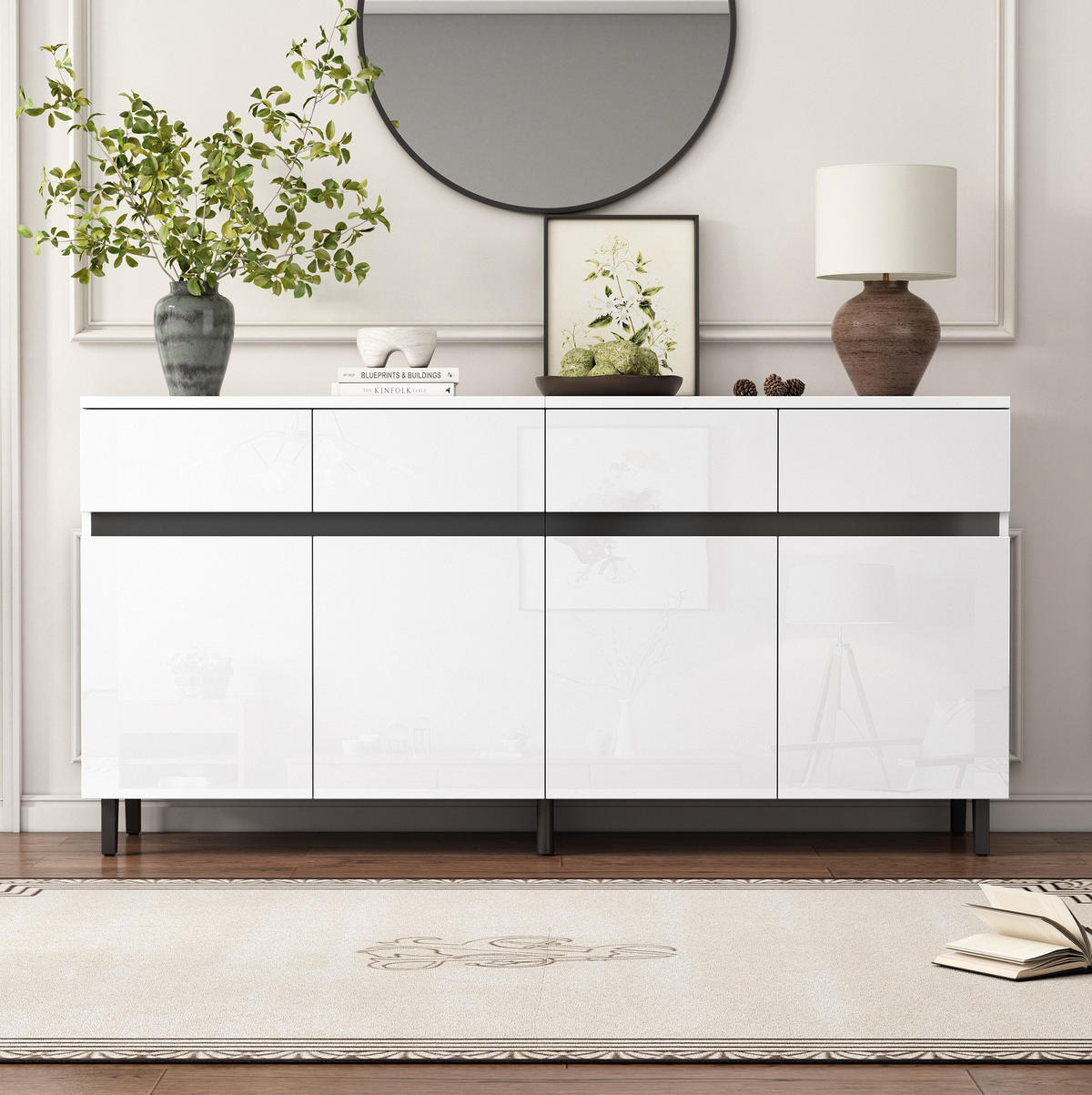 SIDEBOARD 160/40/68 cm in Weiß mit 4 Schubladen und Hochglanz-Front - Weiß, Holzwerkstoff (160/68/40cm) - Flora Grace