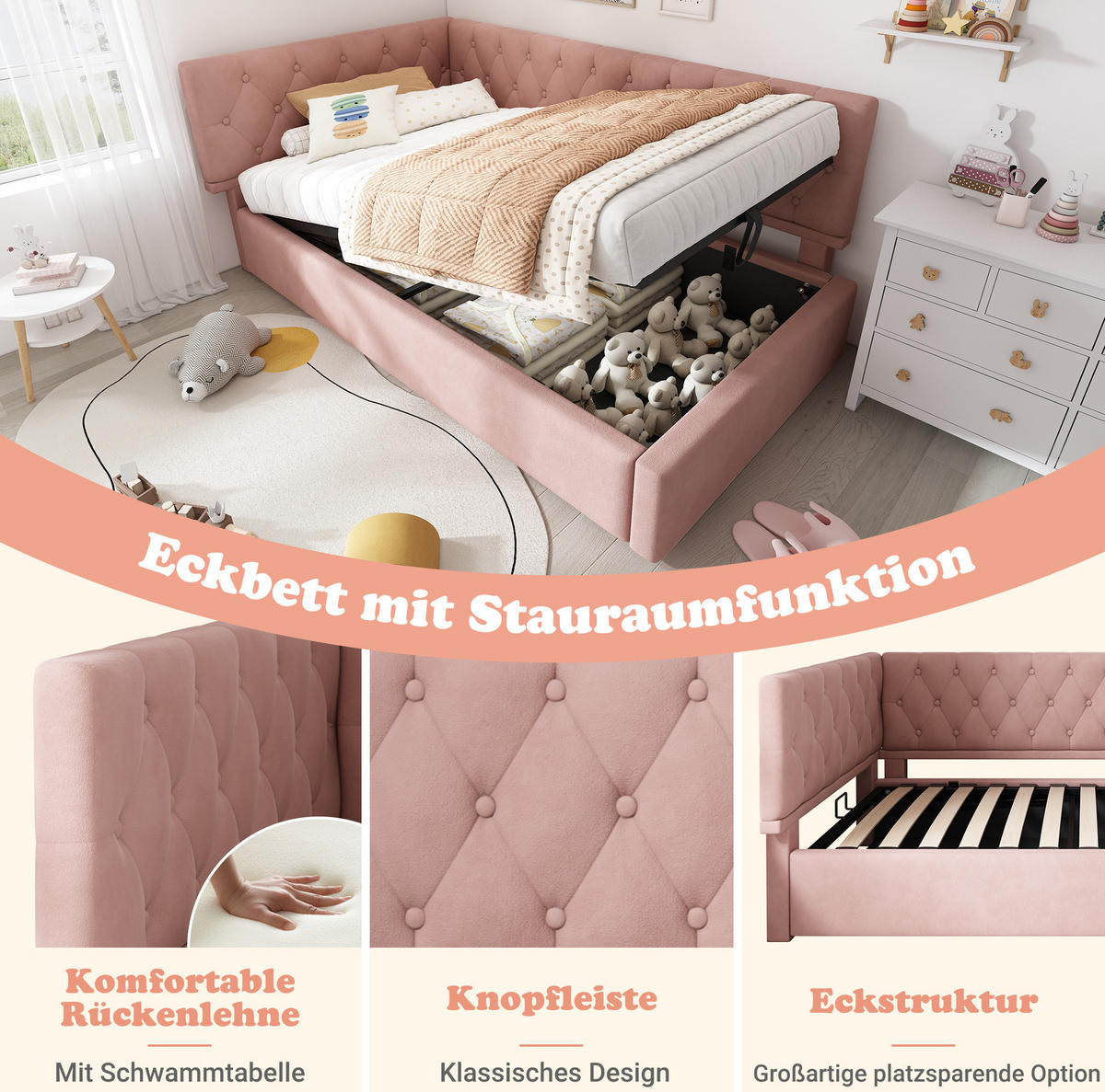 TAPECIRANI krevet 90/190 cm s hidrauličnim spremištem, reverzibilnim uzglavljem i baršunastim presvlakama, Ružičasta - ružičasta, tekstil (90/190cm) - Redom