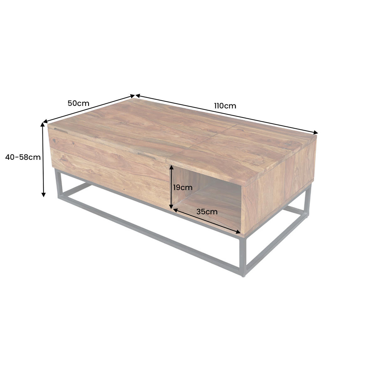 COUCHTISCH MAKASSAR FUNCTION Sheesham Natur 110 cm - Schwarz/Braun, Holz/Metall (50/110/40cm) - riess-ambiente