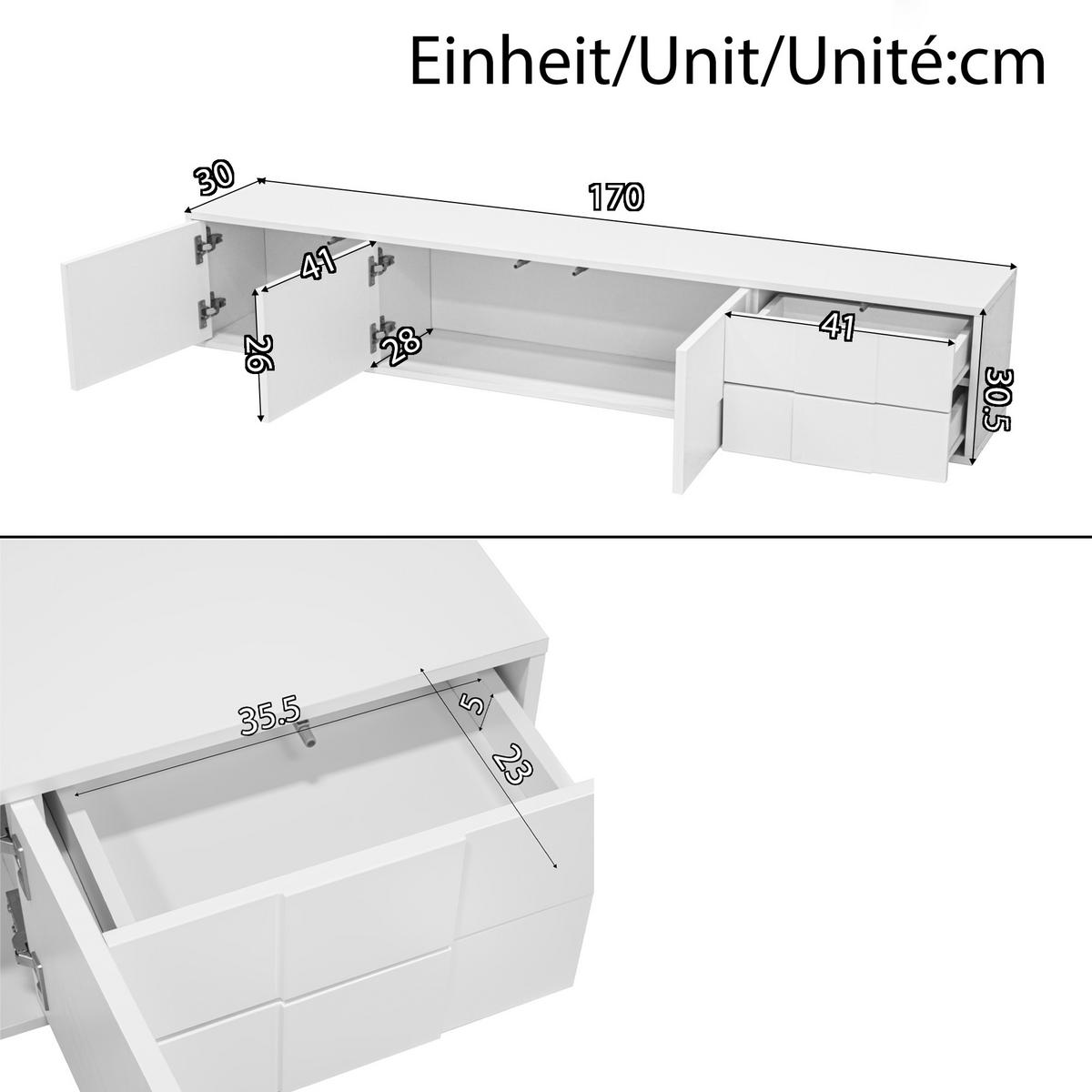 TV-SCHRANK 170/30/30,5 cm Weiß schwebend mit 3 Türen und 2 Schubladen - Weiß, Holzwerkstoff (170/30.5/30cm) - Oxeza