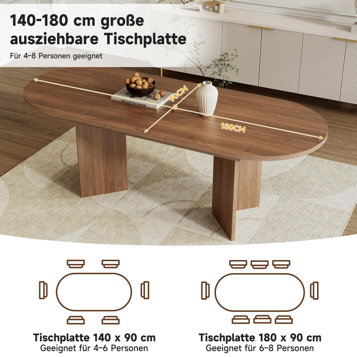 ESSTISCH 140/180/90 cm in Nussbaumoptik, ausziehbar mit abgerundeten Ecken - Walnussfarben, Holzwerkstoff (180/90/75cm) - Flora Grace