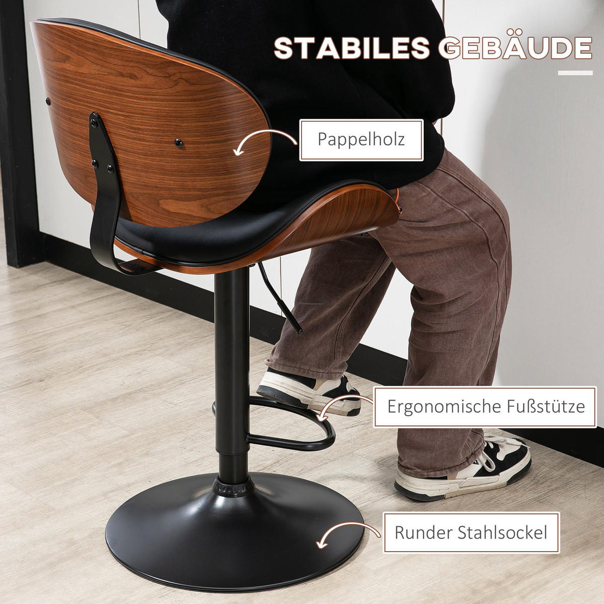 BARHOCKER, Kunstleder, Stahl, Schwarz - Schwarz, Kunststoff (52/112/53cm) - HOMCOM
