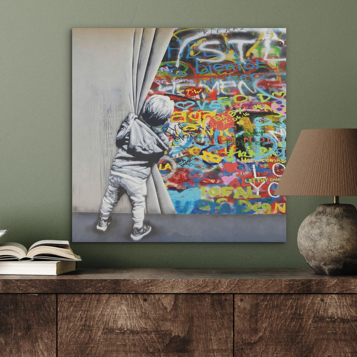 AKUSTIKBILD Graffiti - Junge - Ilussie - Straßenkunst Wandbilder 60x60 cm - Hellgrau, Kunststoff (60/60/0.9cm) - MuchoWow