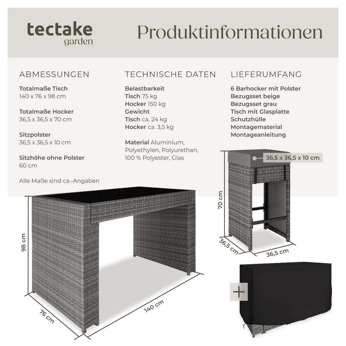 RATTAN BARSET Ibiza,2 Bezugssets,grau - Grau, Kunststoff - tectake