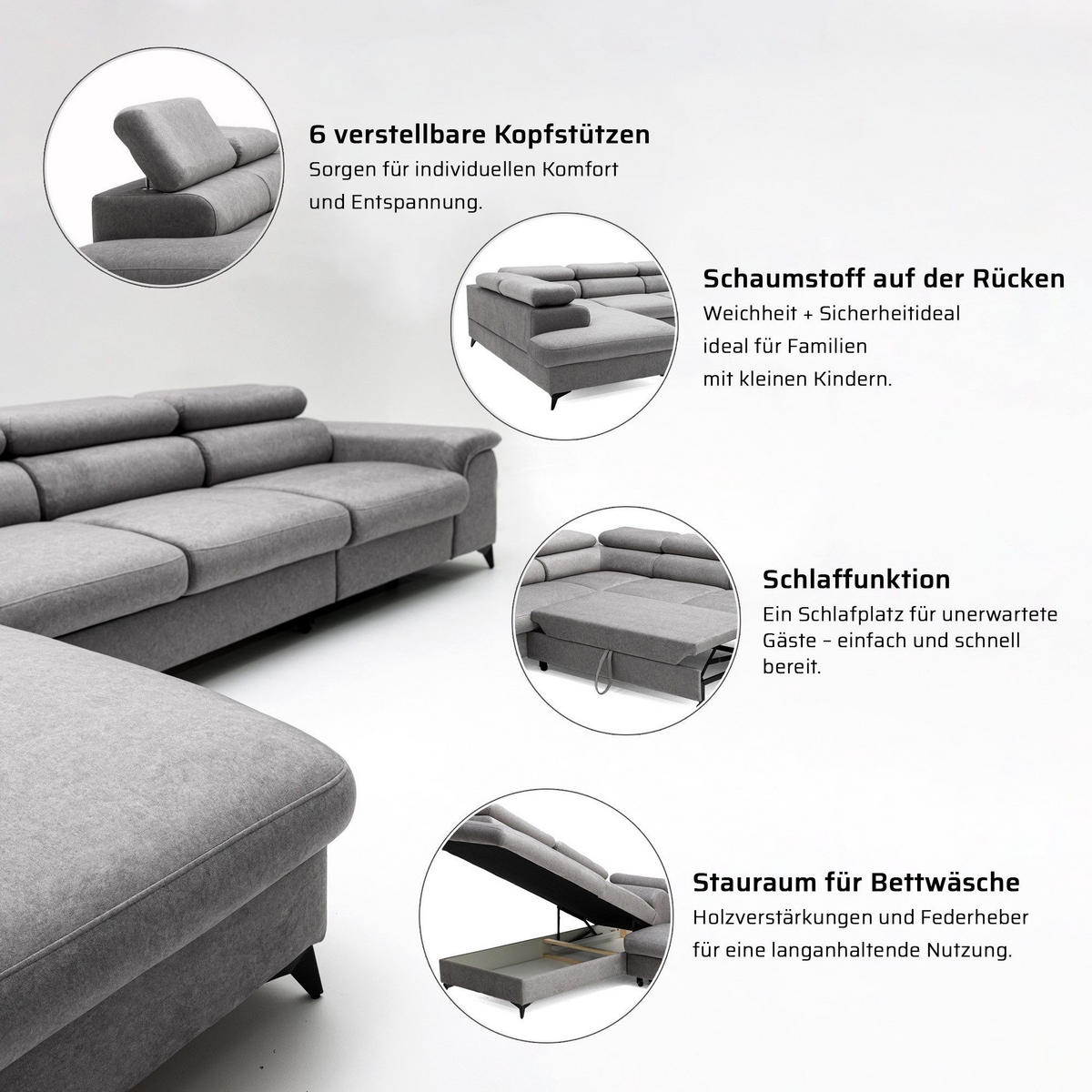 ECKSOFA Plaza Maxi Dunkelgrau mit Schlaffunktion und Bettkasten 6x verstellbare Kopfstützen - Dunkelgrau, Textil (203/350cm) - Muffo