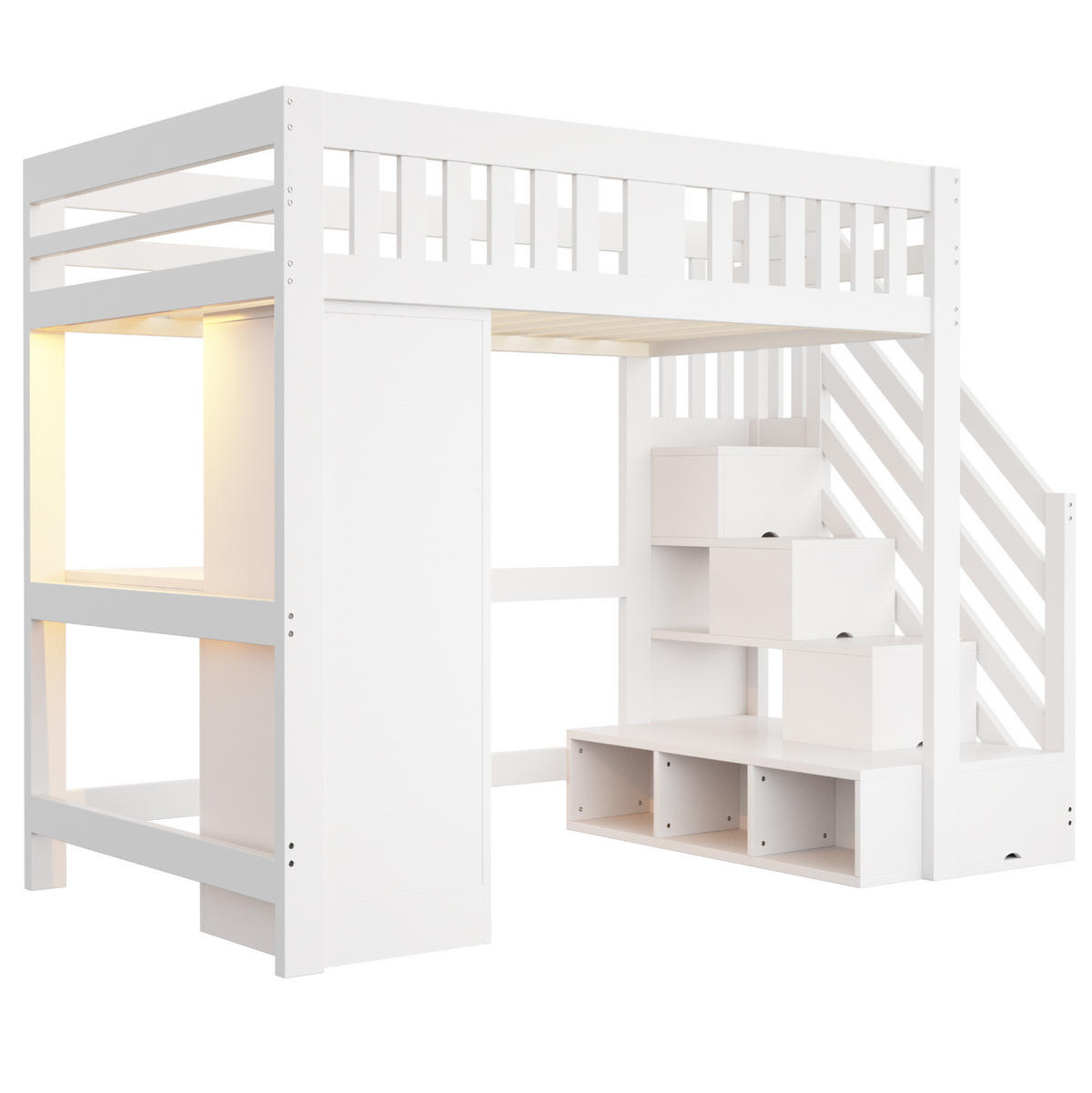 HOCHBETT 140/200 cm weiß aus Holz mit Stauraumtreppe, Schreibtisch und LED - Weiß, Holzwerkstoff (140/200cm) - OKWISH