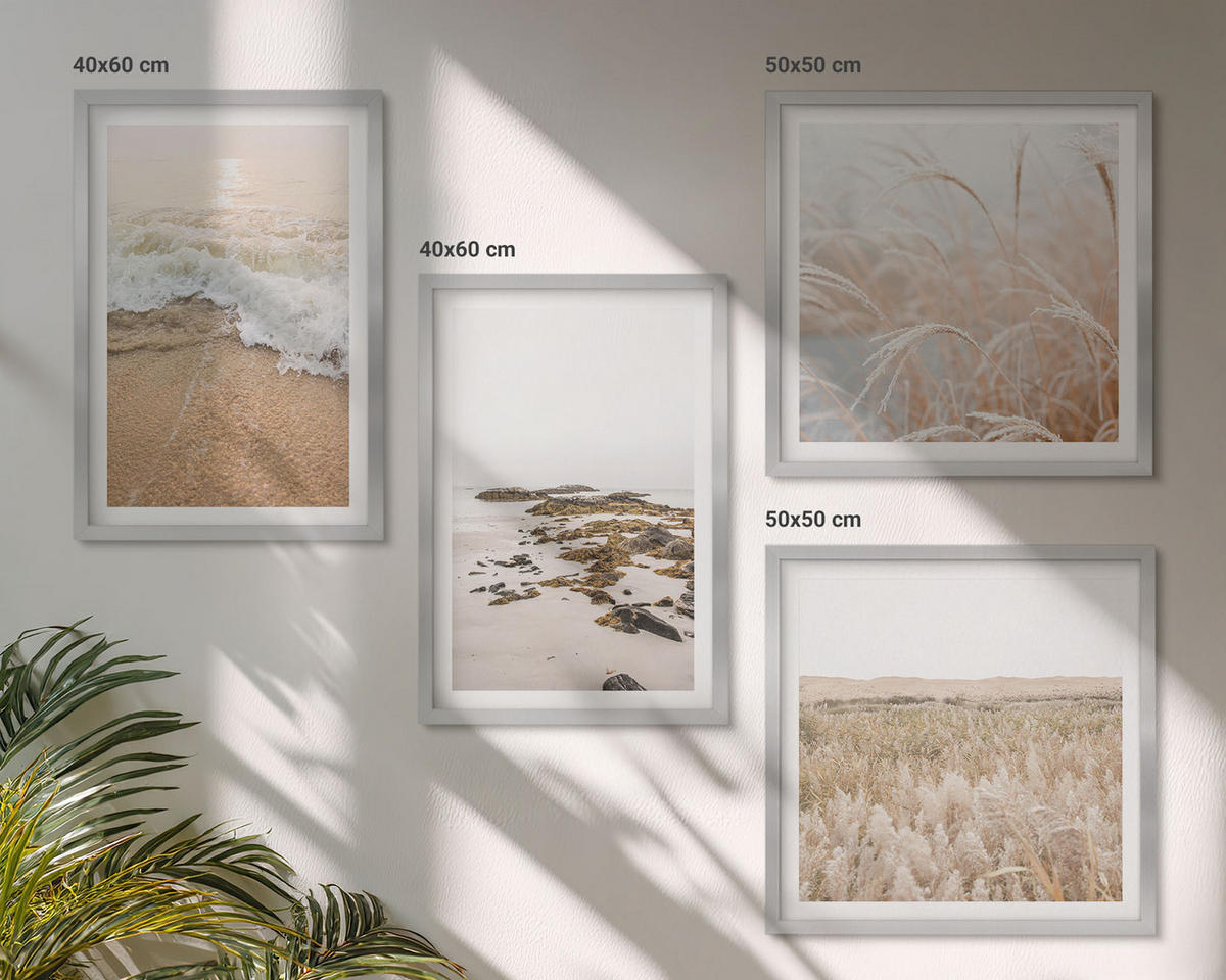 BILDER SET 4er Set - 50x50 cm & 40x60 cm Silberner Rahmen - Strandwellen, Steine, Sommer - Silberfarben, Kunststoff (50/50cm) - TULUP