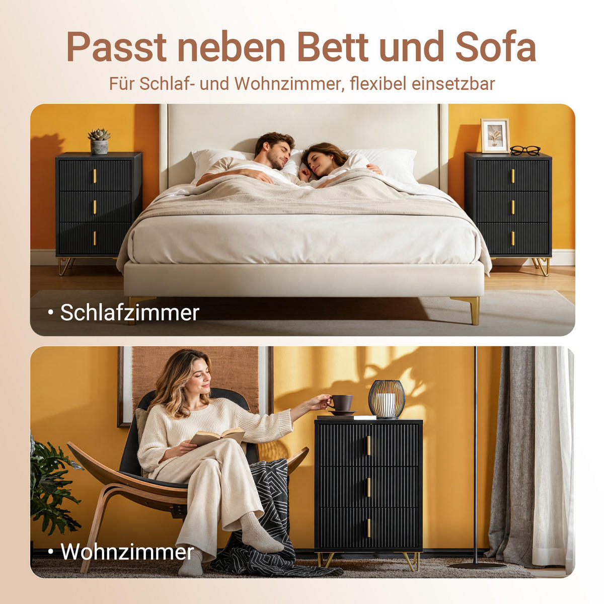 NACHTTISCH mit 3 Schubladen, 40x40x63 cm, Schwarz mit goldenen Griffen, modern fürs Schlafzimmer, - Schwarz, Holzwerkstoff/Metall (40/63/40cm) - SoBuy