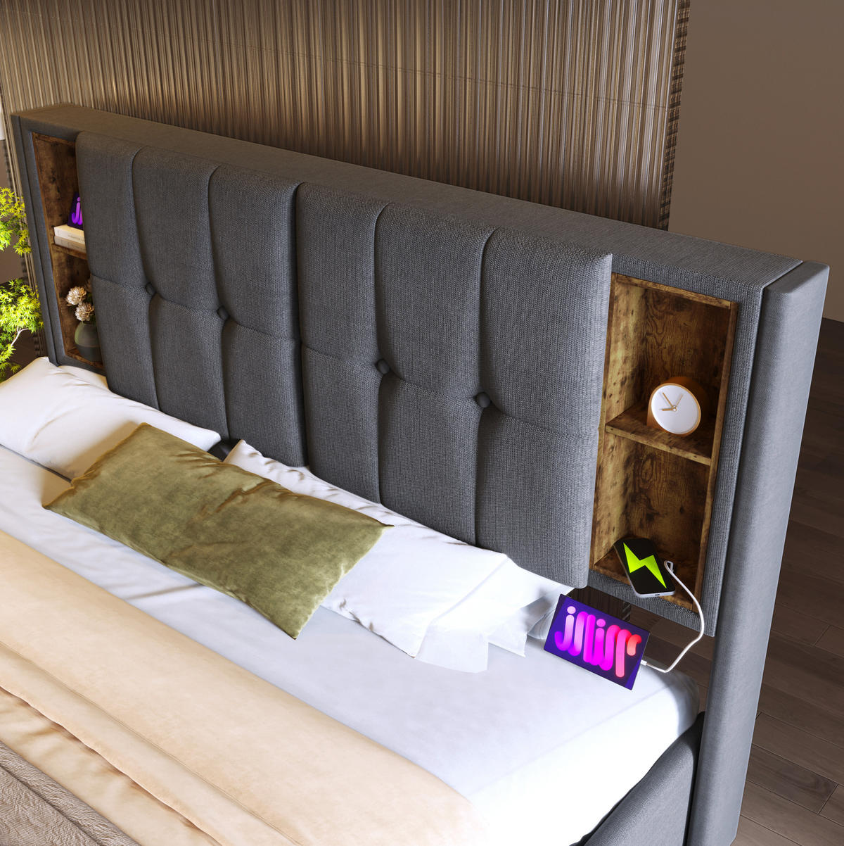 BETT mit Bettkasten & Ladefunktion 180x200 cm Baumwolle Grau - Grau, Metall (180/200cm) - Meubliv