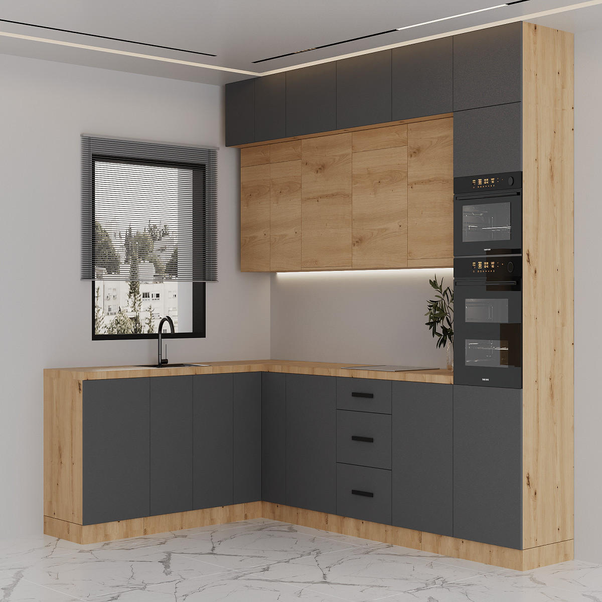 WINKELKÜCHE 330 × 230 cm - Langen K105-M330 – in Grau/Artisan Eiche - Schwarz/Eiche Artisan, Holz/Holzwerkstoff (330/248/230cm)