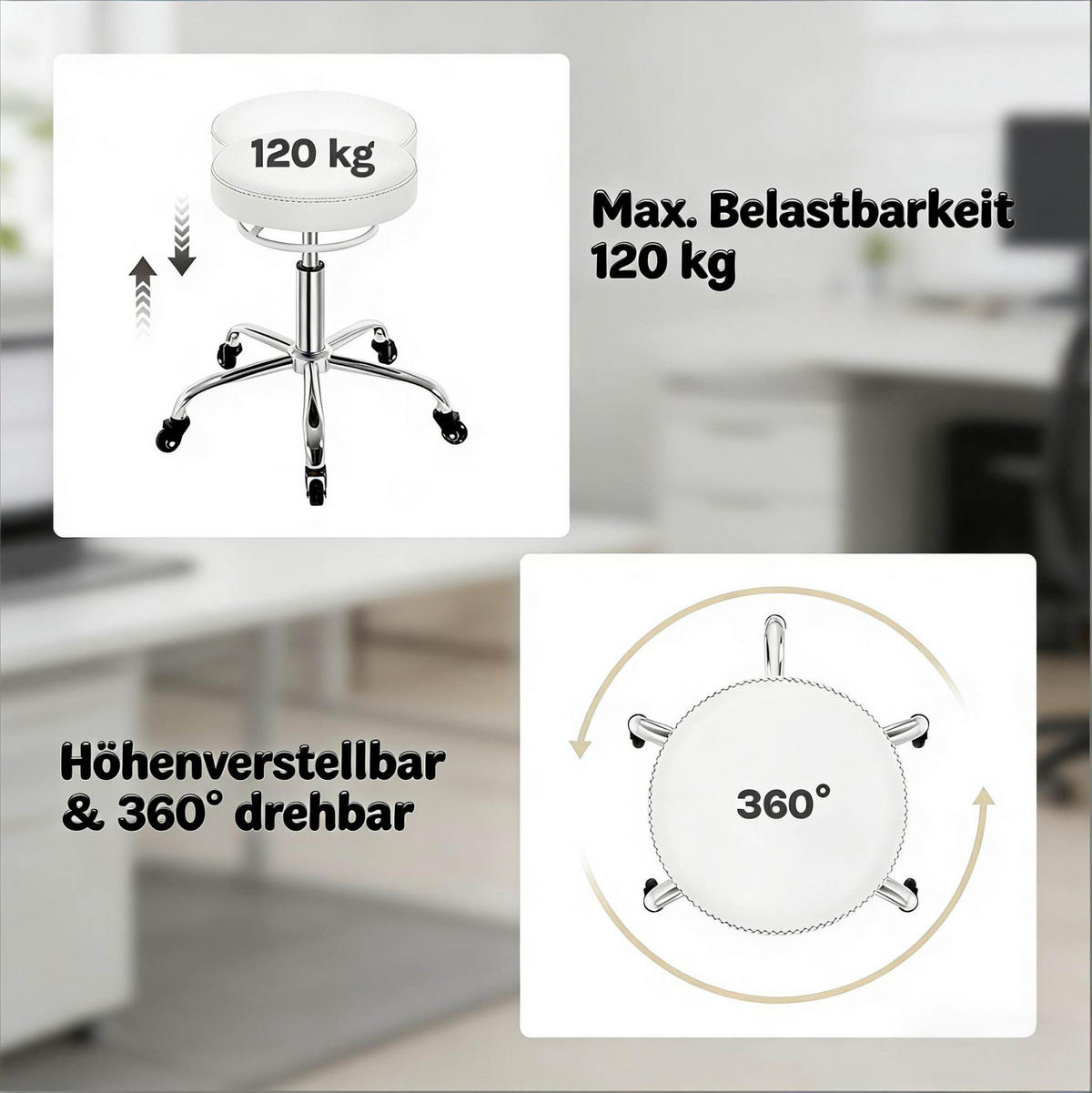 BÜROHOCKER höhenverstellbar mit Rollen 46-58 cm PU White - Weiß, Metall (49/58/49cm) - Meubliv