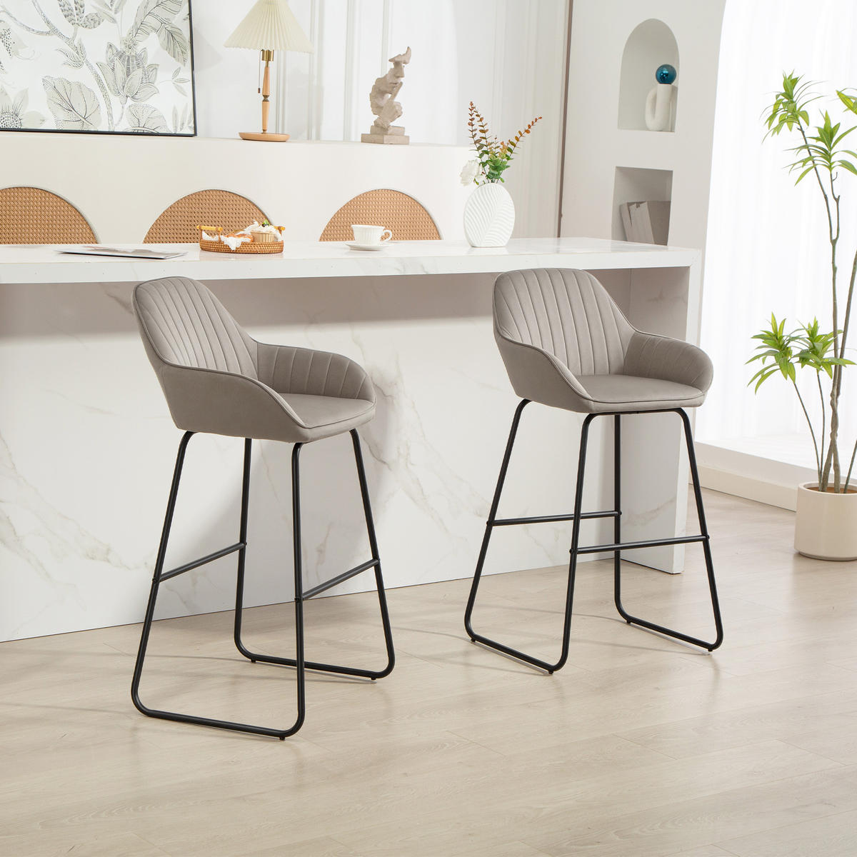 BARHOCKER 2er-Set DE-07992 mit Stoffbezug, Schaumstoffpolsterung und Armlehnen Grau - Grau, Metall (50.5/96/53cm) - ComfortXL