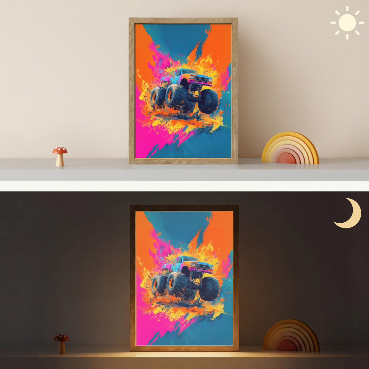 NÁSTĚNNÁ LAMPA S AKUMULÁTOREM Monster truck - Abstraktní - Stříkající barva - Barevné 30x40 cm - růžová, kompozitní dřevo (30/40/8cm) - OnlyWow