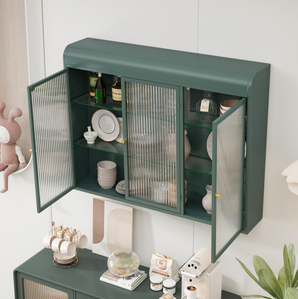 KÜCHENOBERSCHRANK mit Glasfront in Dunkelgrün – 3 Türen, wandhängend - Grün, Glas (90/70/20cm) - BEAOK