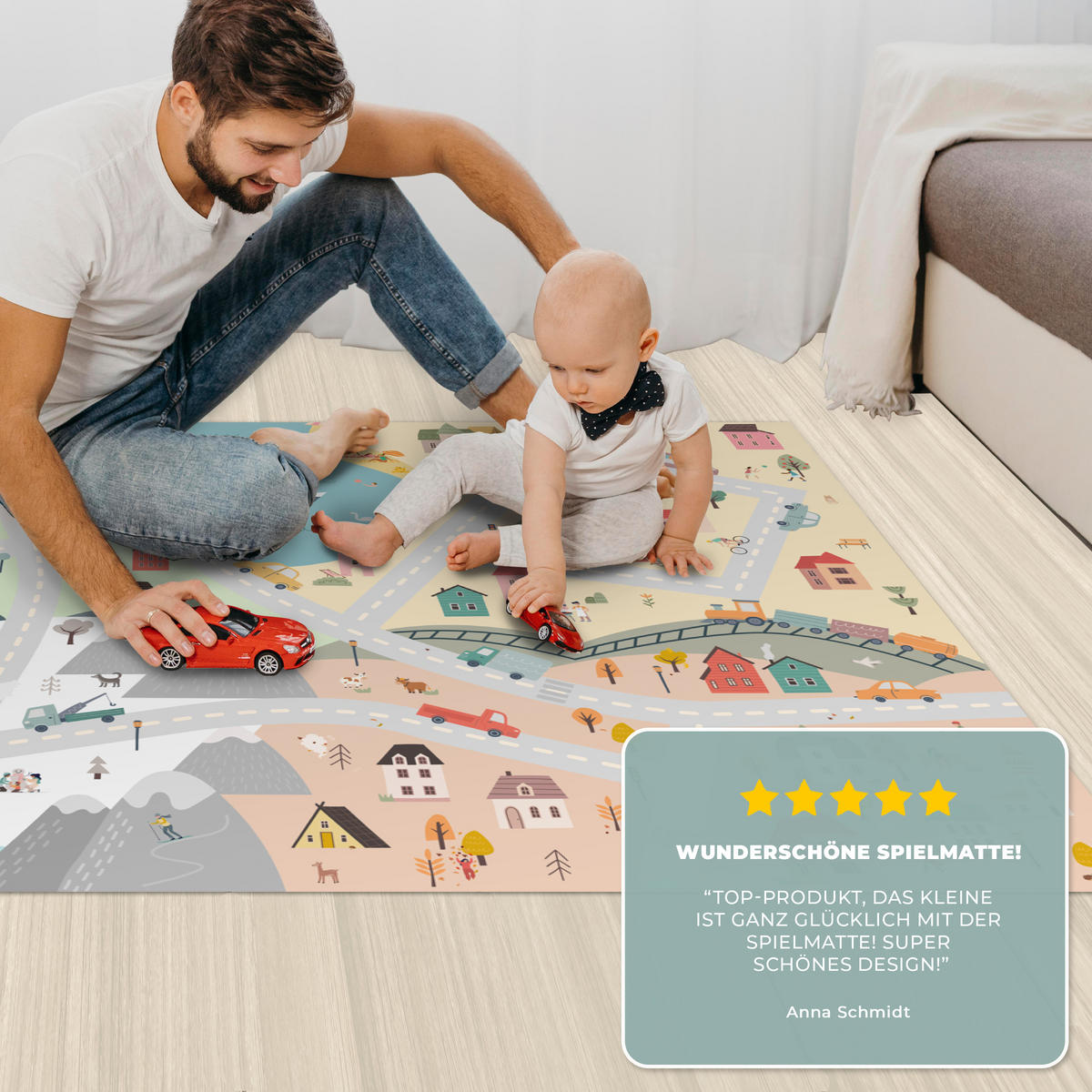 KINDERTEPPICH Jahreszeiten - Stadt - Häuser - Straße - Kinder - Auto 135x90 cm - Multicolor, Kunststoff (135/90cm) - MuchoWow