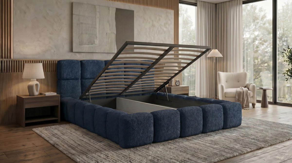 POLSTERBETT LOMBA 140x200 cm mit Bettkasten und Metall-Lattenrost – Bouclé Stoff Coral Dunkelblau - Dunkelblau, Textil (140/200cm) - Luxkor24