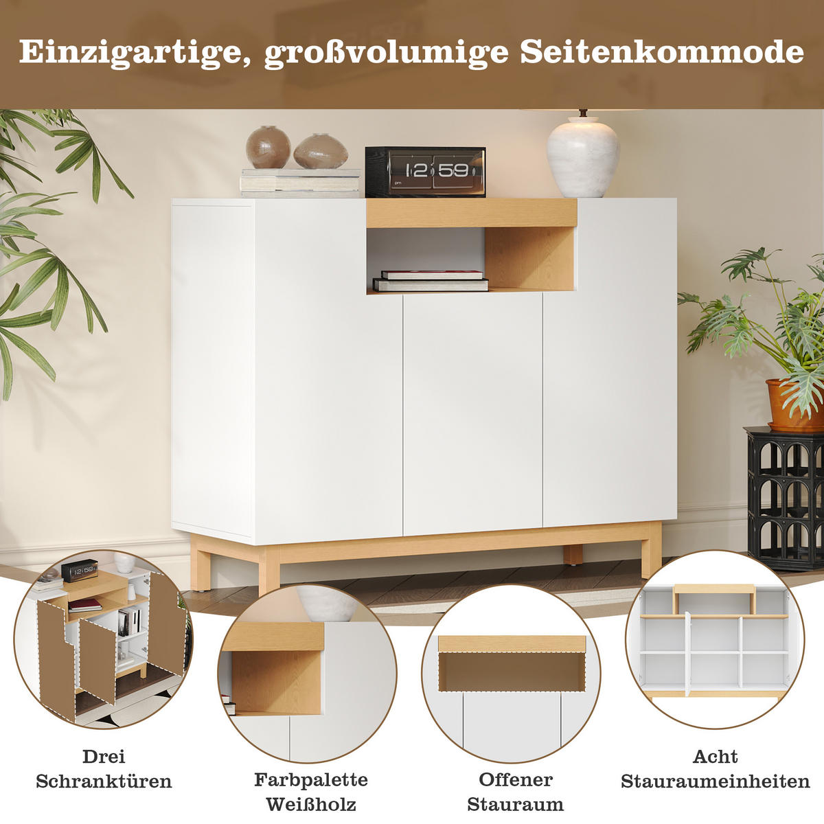 SIDEBOARD 3 Türen Wohn Esszimmer Multifunktional Stauraum - Weiß, Holzwerkstoff (42/96/120.5cm) - FLIEKS