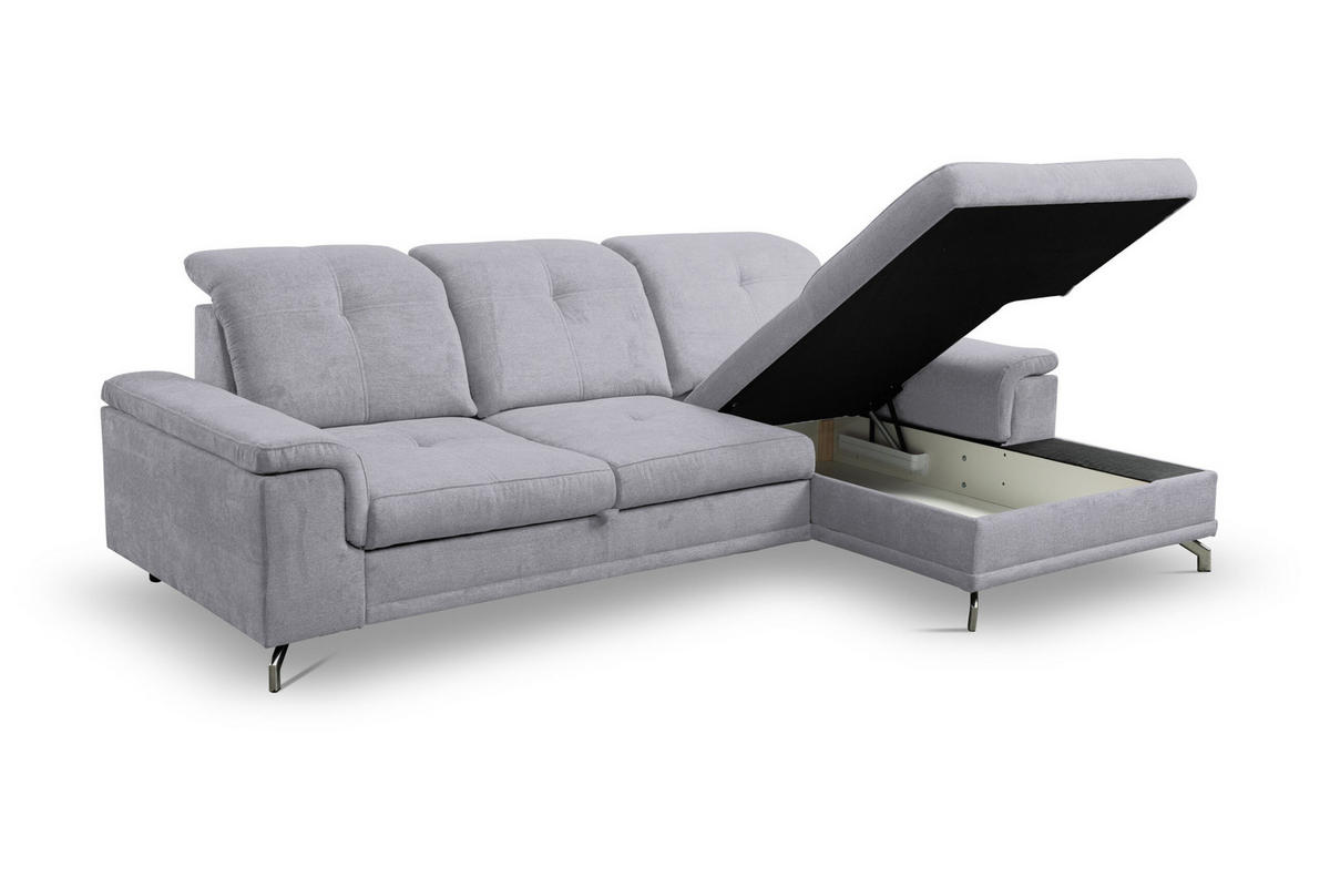 ECKSOFA PANAMA mit Schlaffunktion und Bettkasten, Farbe: Hellgrau, Velourstoff, Ottomane Rechts - Hellgrau, Textil (270/180cm) - VENASI MÖBEL
