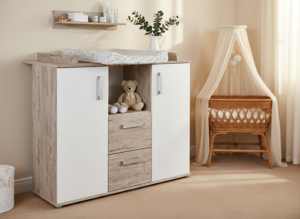 WICKELKOMMODE Bente abnehmbarer Aufsatz - Eichefarben/Silberfarben, Holzwerkstoff/Kunststoff (115/99/75cm) - arthur berndt