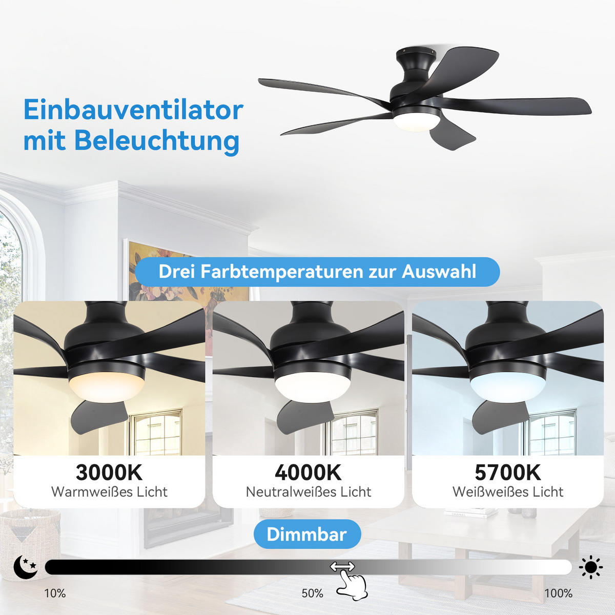 DECKENVENTILATOR 132cm LED Licht 5 ABS Flügel Timer Fernbedienung - Schwarz, Kunststoff (132/132/30.5cm) - CASIVA