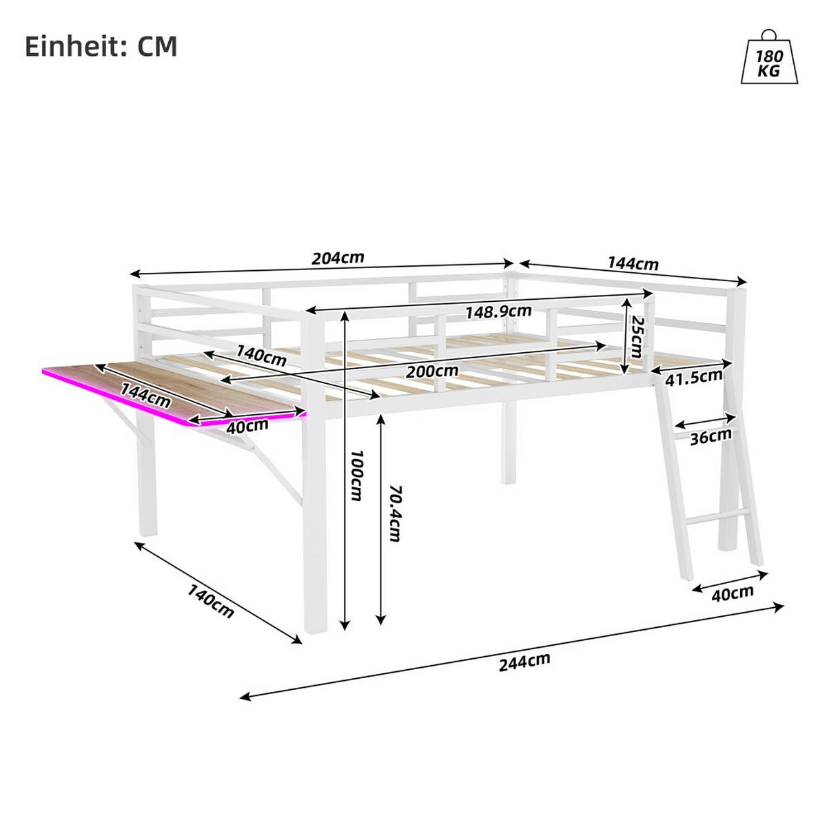 METALLBETT 140 x 200 cm in Weiß mit LED-Lichtband - Weiß, Metall (140/200cm) - KOMHTOM
