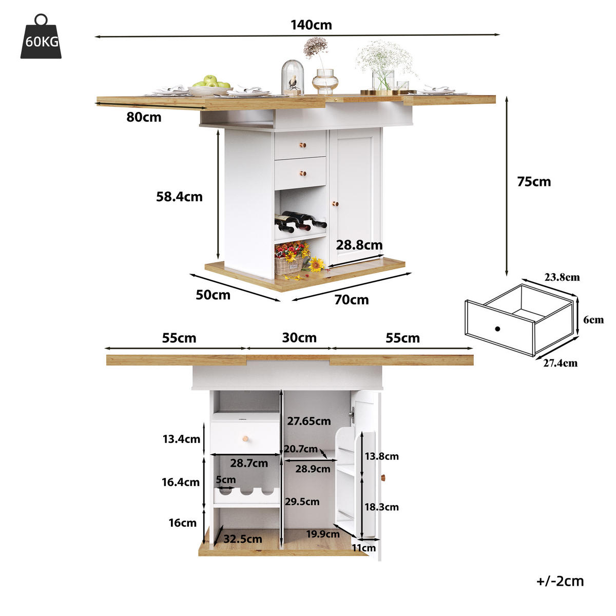 ESSTISCH 80/140/75 cm Weiß Natur aus MDF mit Stauraum und Auszug - Naturfarben, Holzwerkstoff (140/80/75cm) - OKWISH