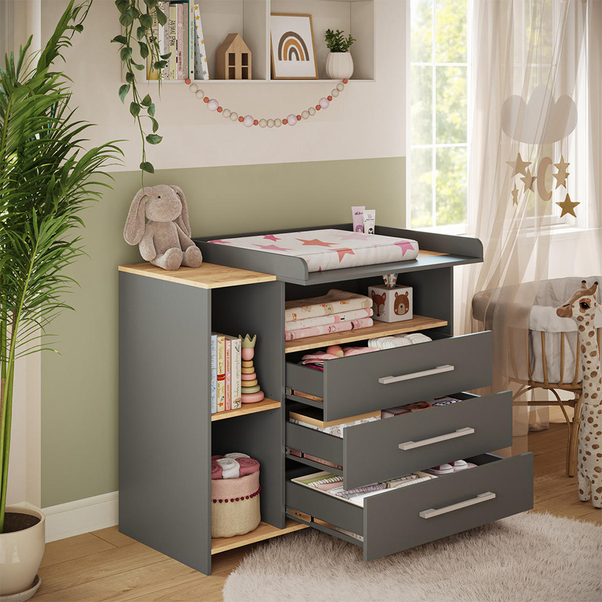 WICKELKOMMODE Oskar Anthrazit/Goldkraft Eiche 113 x 93 cm mit 3 Schubladen - Eichefarben/Anthrazit, Holzwerkstoff (113/93/53.1cm) - Vicco