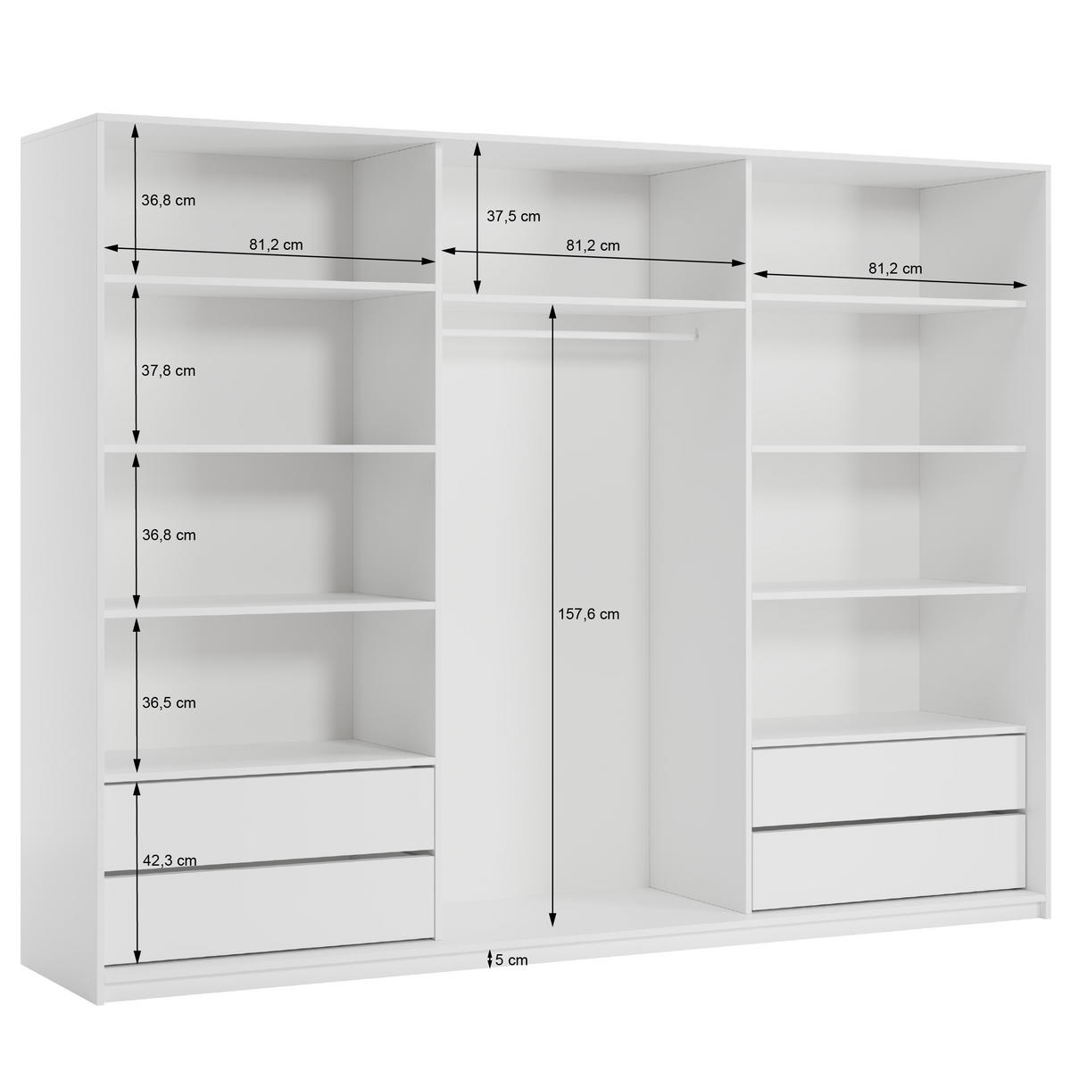 SCHWEBETÜRENSCHRANK RIEN 250/205/60 cm 3-türig mit Spiegel und Schubladen Schwarz - Goldfarben/Schwarz, Holzwerkstoff (250/205/60cm) - MASSENO